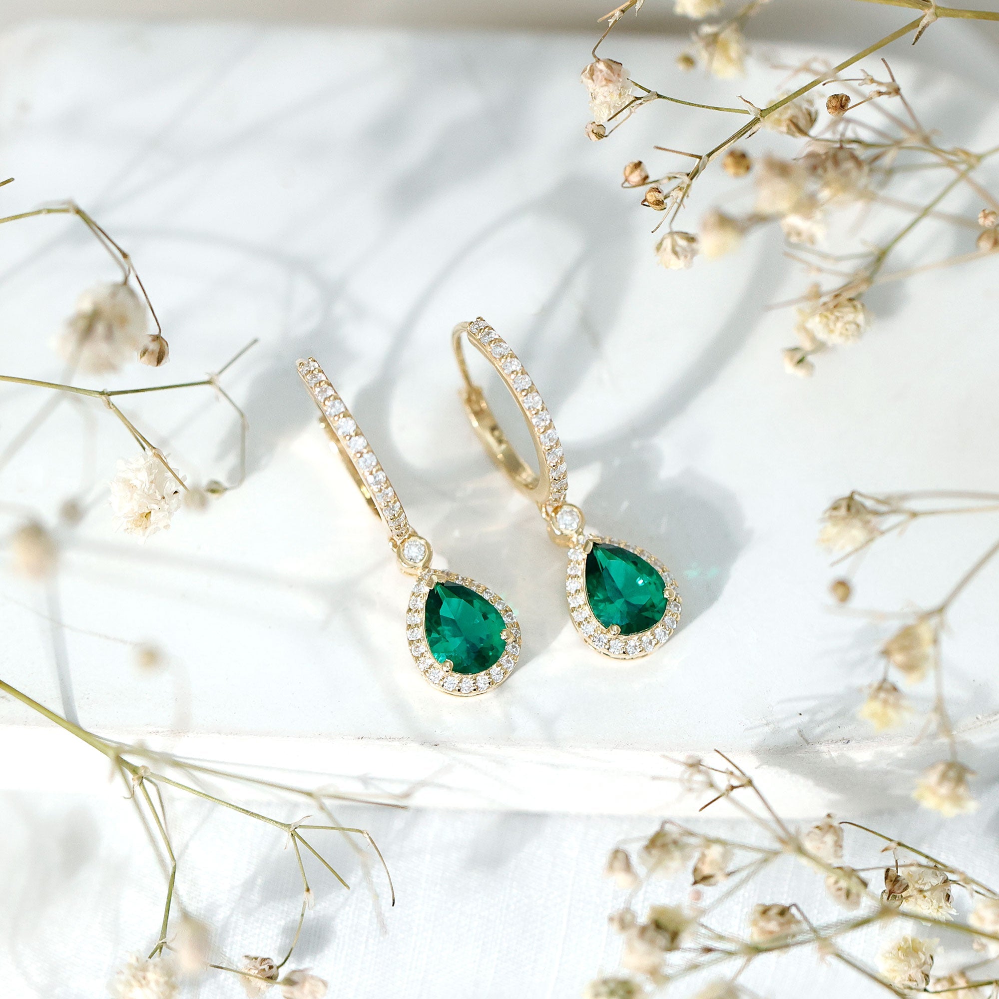 Lab Grown Emerald Hoop Drop Earrings With Moissanite Halo
