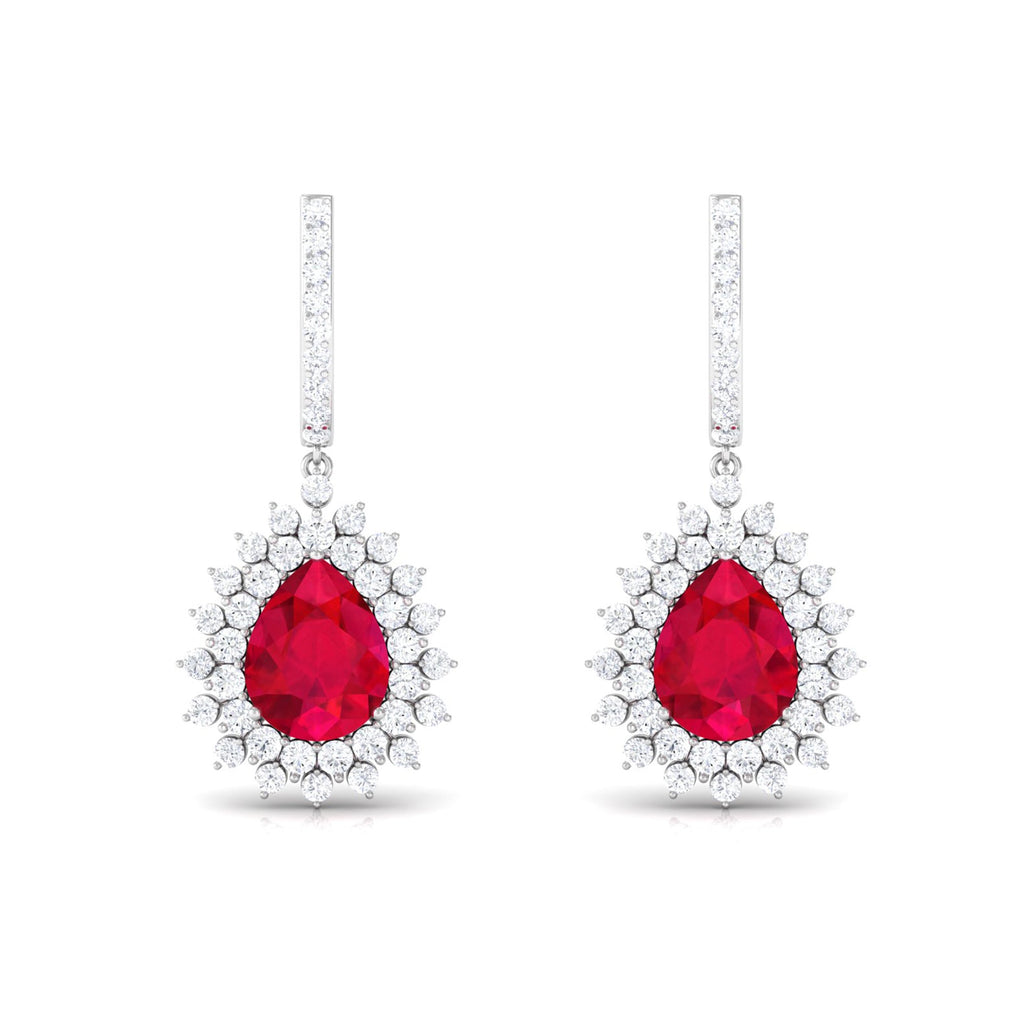 Pear Cut Lab Created Ruby Hoop Drop Earring with Moissanite Halo