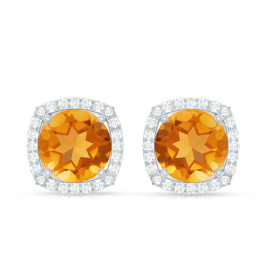 Genuine 2.4 Carat Round Citrine Stud Earrings with Diamond Halo