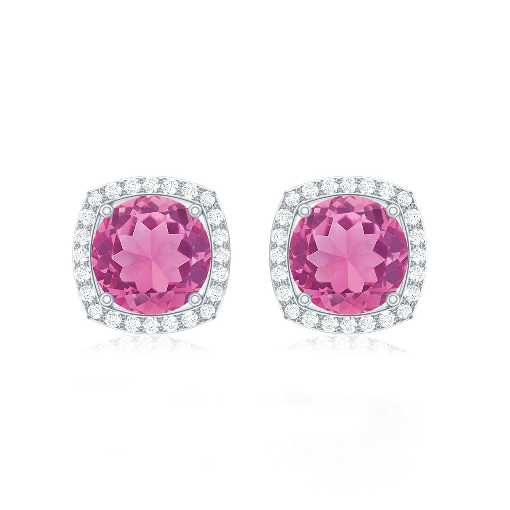 Pink Tourmaline Stud Earrings with Diamond Halo