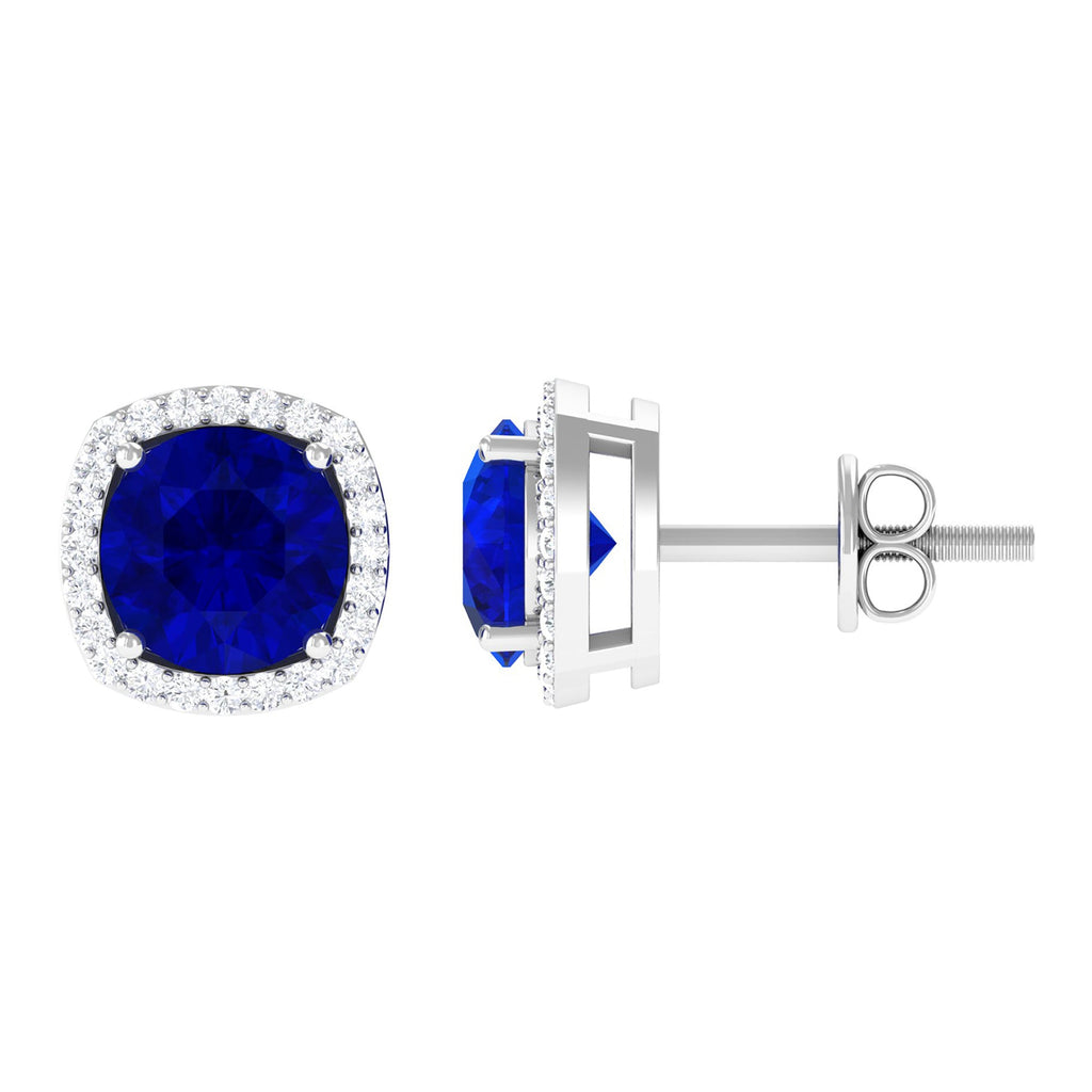 Round Lab Created Blue Sapphire Stud Earrings with Diamond Halo