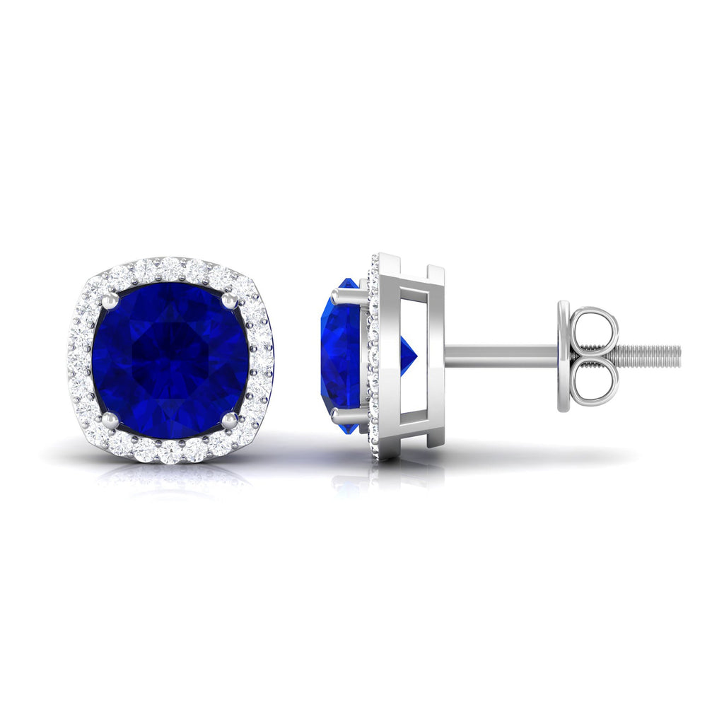 Round Lab Created Blue Sapphire Stud Earrings with Diamond Halo