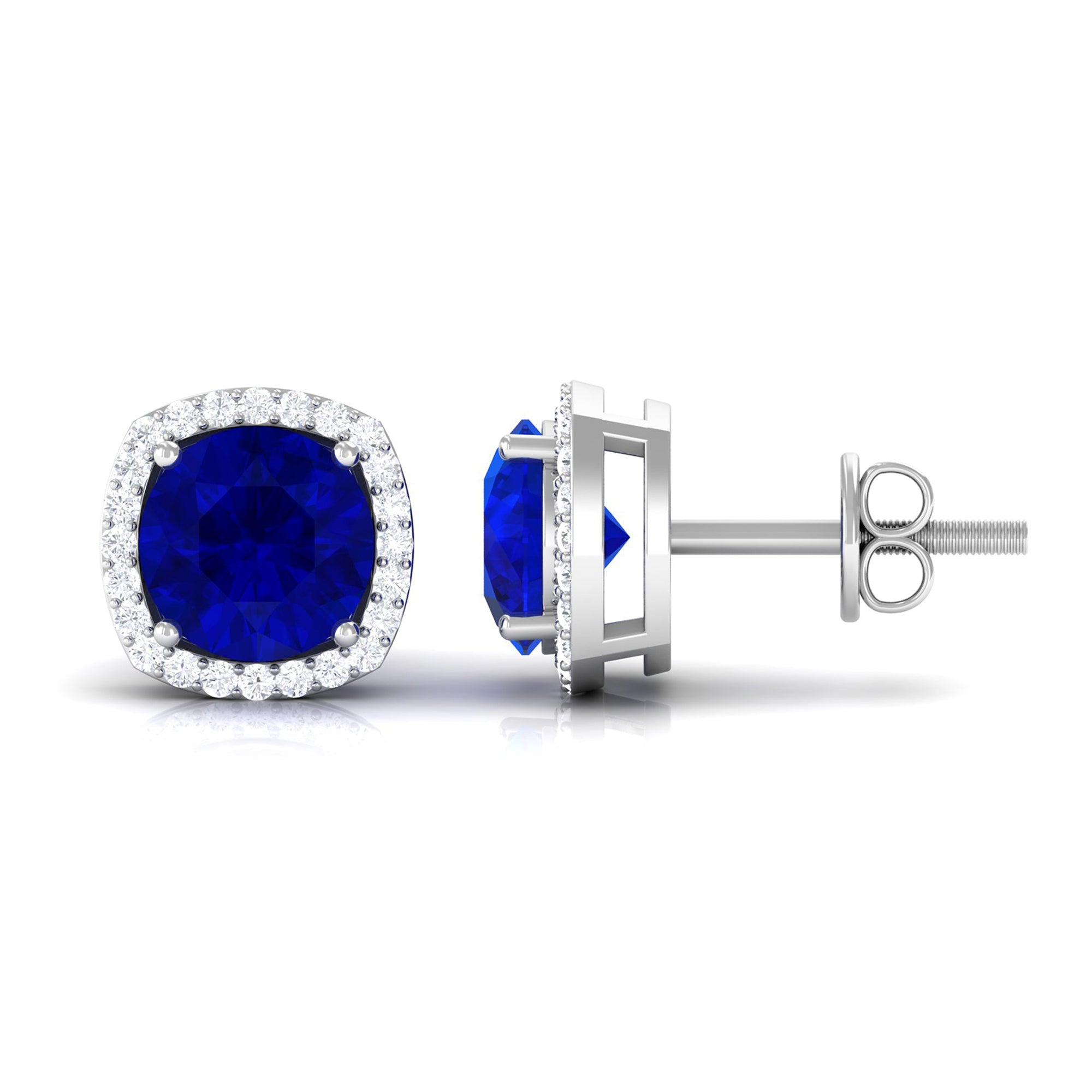 Round Lab Created Blue Sapphire Stud Earrings with Diamond Halo