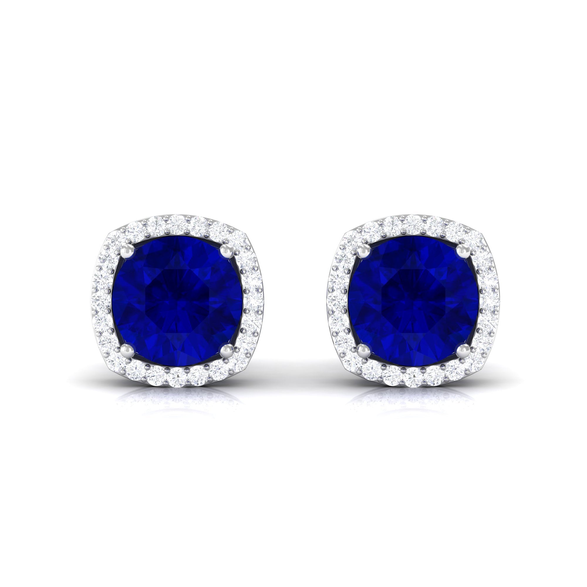 Round Lab Created Blue Sapphire Stud Earrings with Diamond Halo