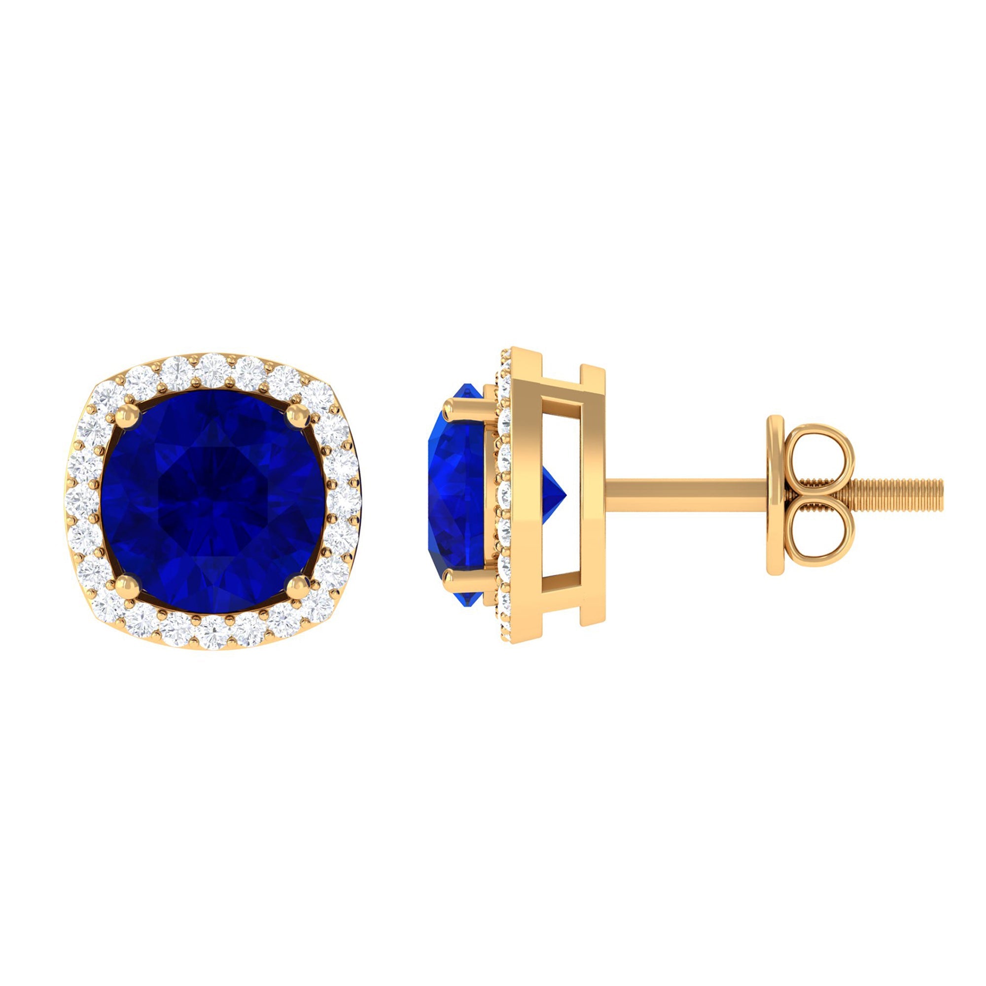 Round Lab Created Blue Sapphire Stud Earrings with Diamond Halo