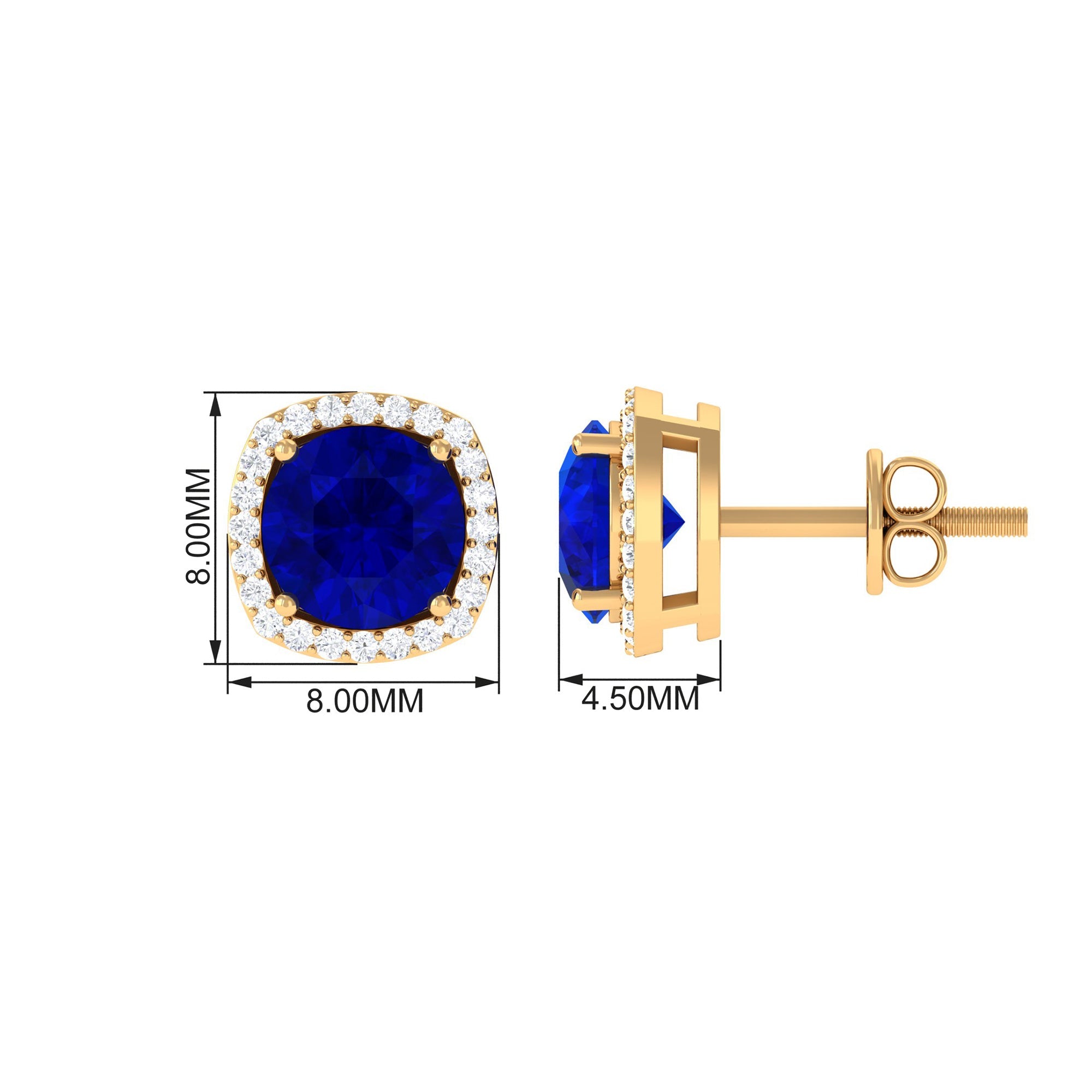 Round Lab Created Blue Sapphire Stud Earrings with Diamond Halo