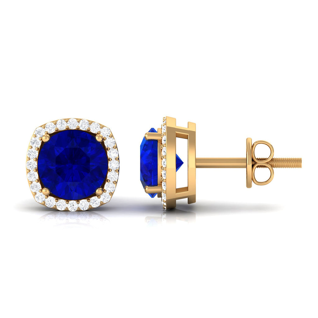 Round Lab Created Blue Sapphire Stud Earrings with Diamond Halo