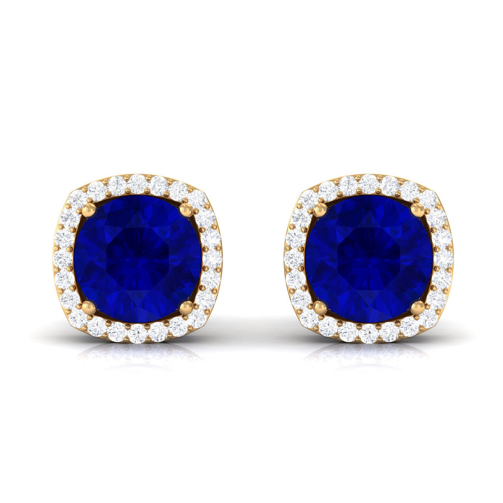 Round Lab Created Blue Sapphire Stud Earrings with Diamond Halo