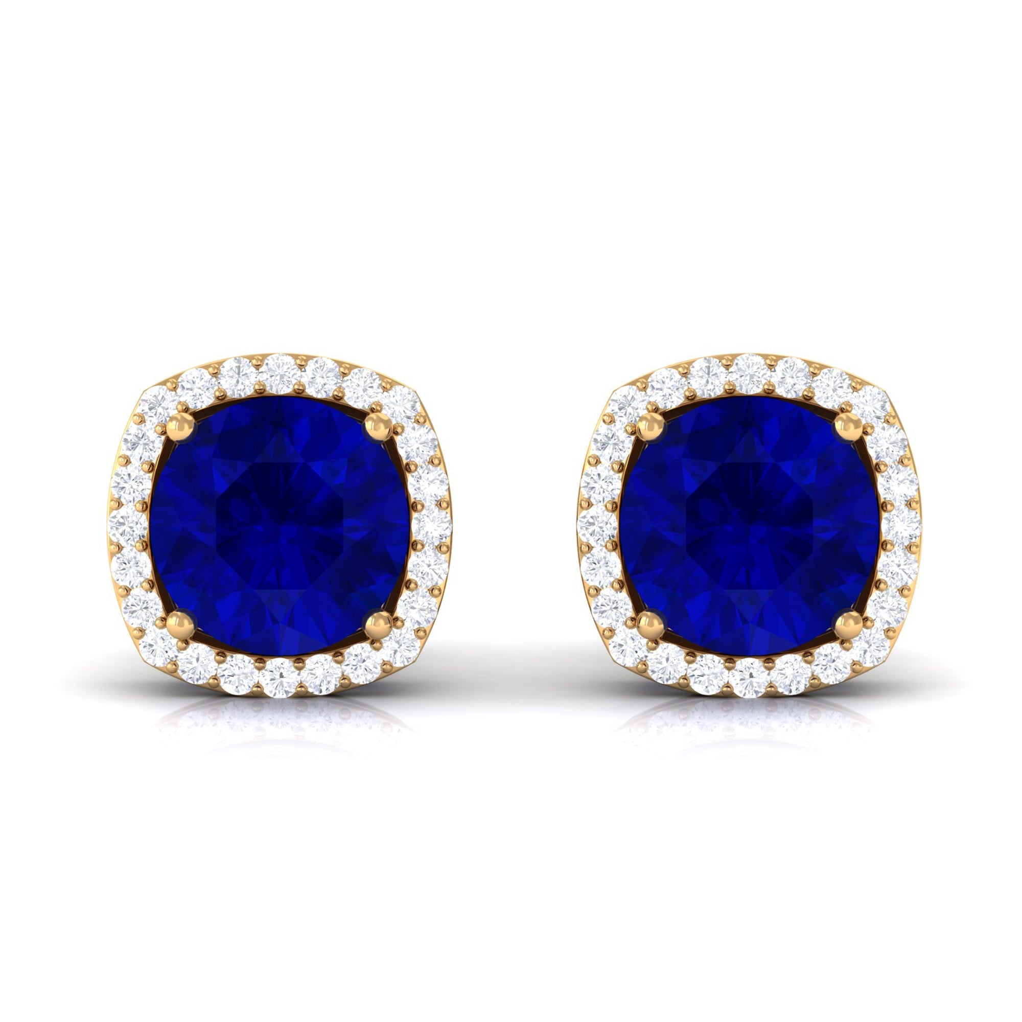 Round Lab Created Blue Sapphire Stud Earrings with Diamond Halo