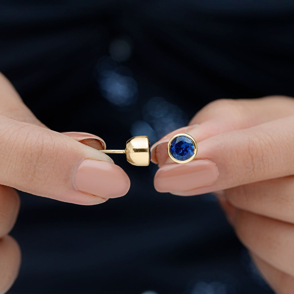 2 Carat Round Lab Created Blue Sapphire Stud Earrings in Bezel Setting
