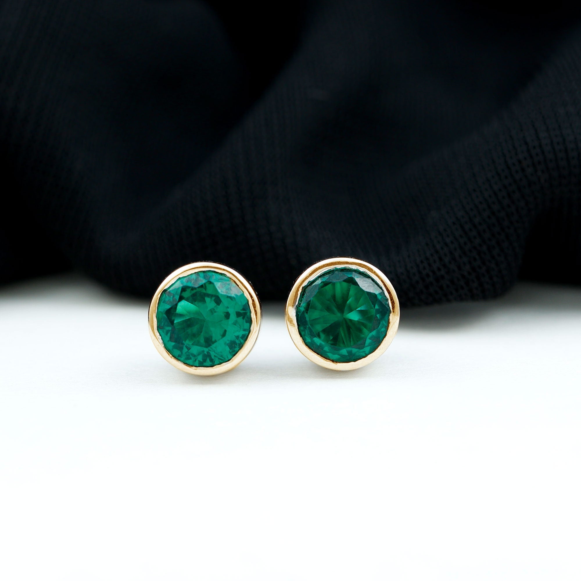 Bezel Set Lab Grown Emerald Solitaire Stud Earrings