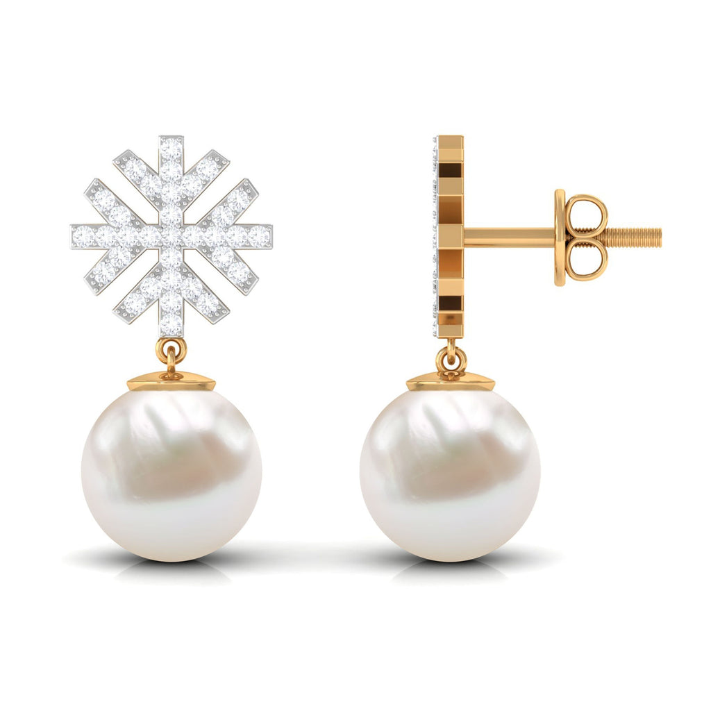 Freshwater Pearl Drop Earrings with Round Shape Diamond Stones