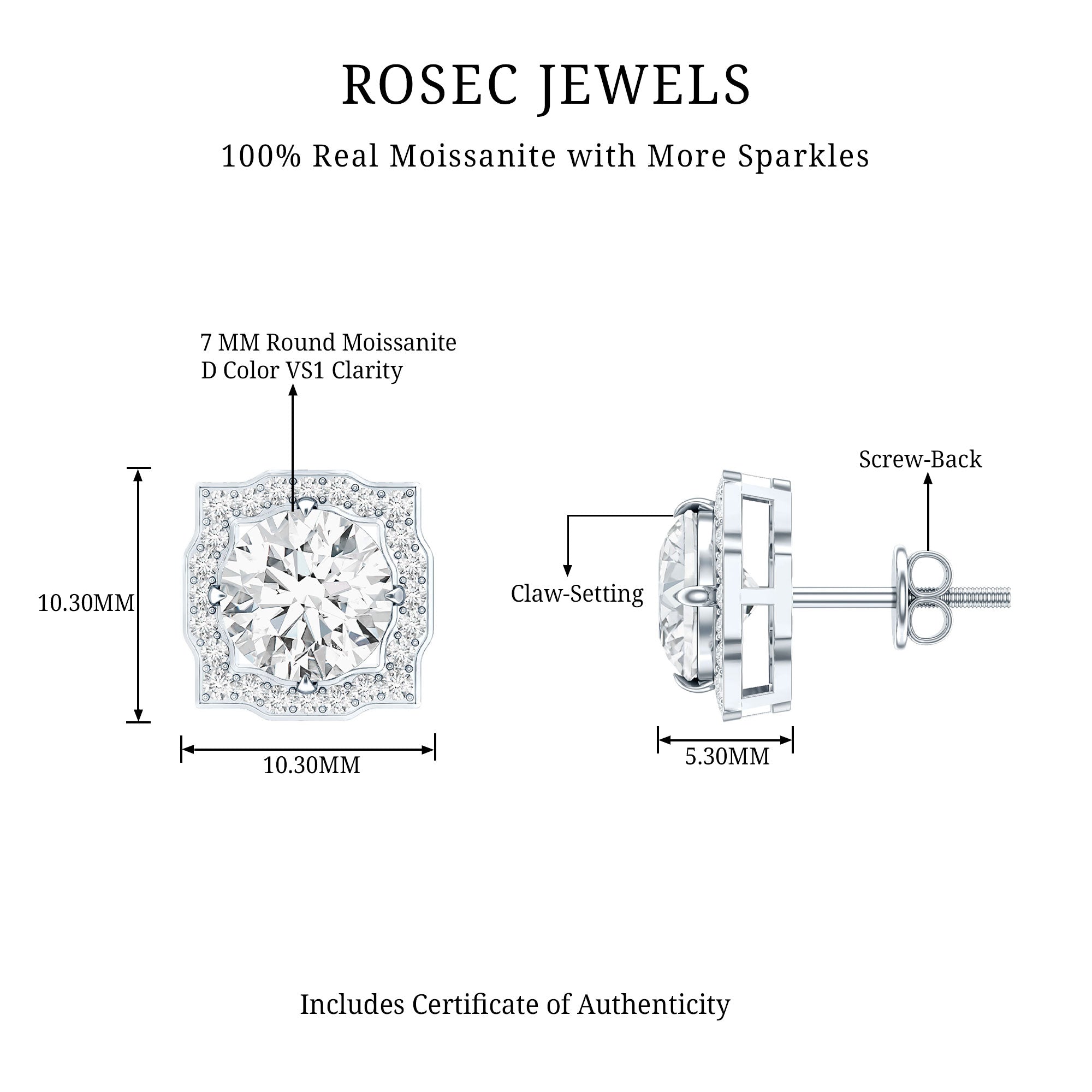 Certified Moissanite Bridal Stud Earrings with Halo for Women