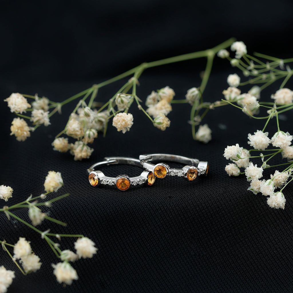 Bezel Set Citrine Hinged Hoop Earrings with Diamond