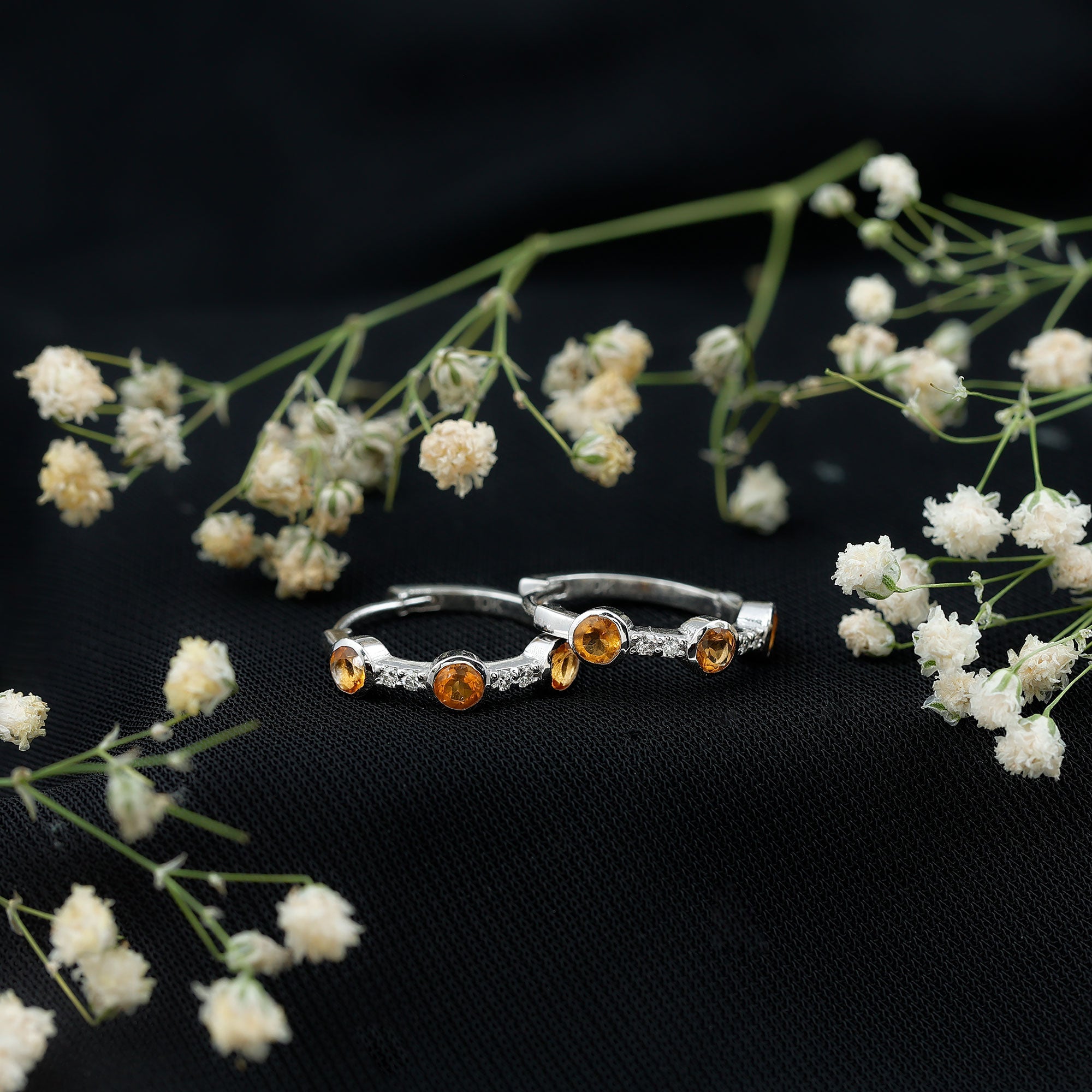 Bezel Set Citrine Hinged Hoop Earrings with Diamond