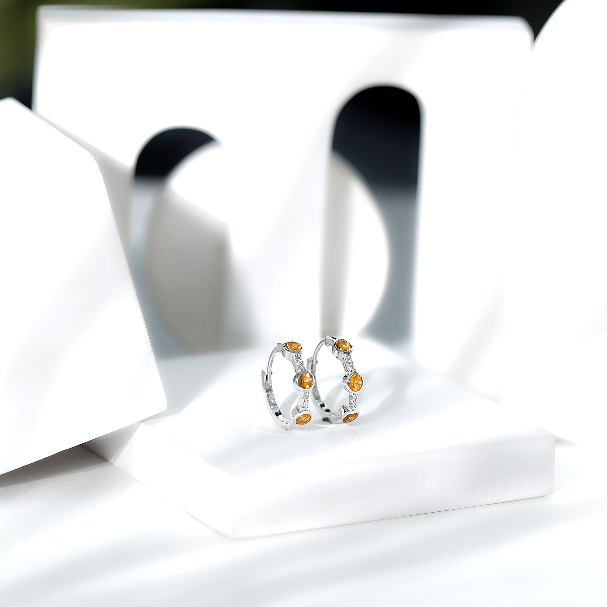 Bezel Set Citrine Hinged Hoop Earrings with Diamond