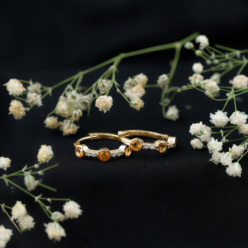Bezel Set Citrine Hinged Hoop Earrings with Diamond
