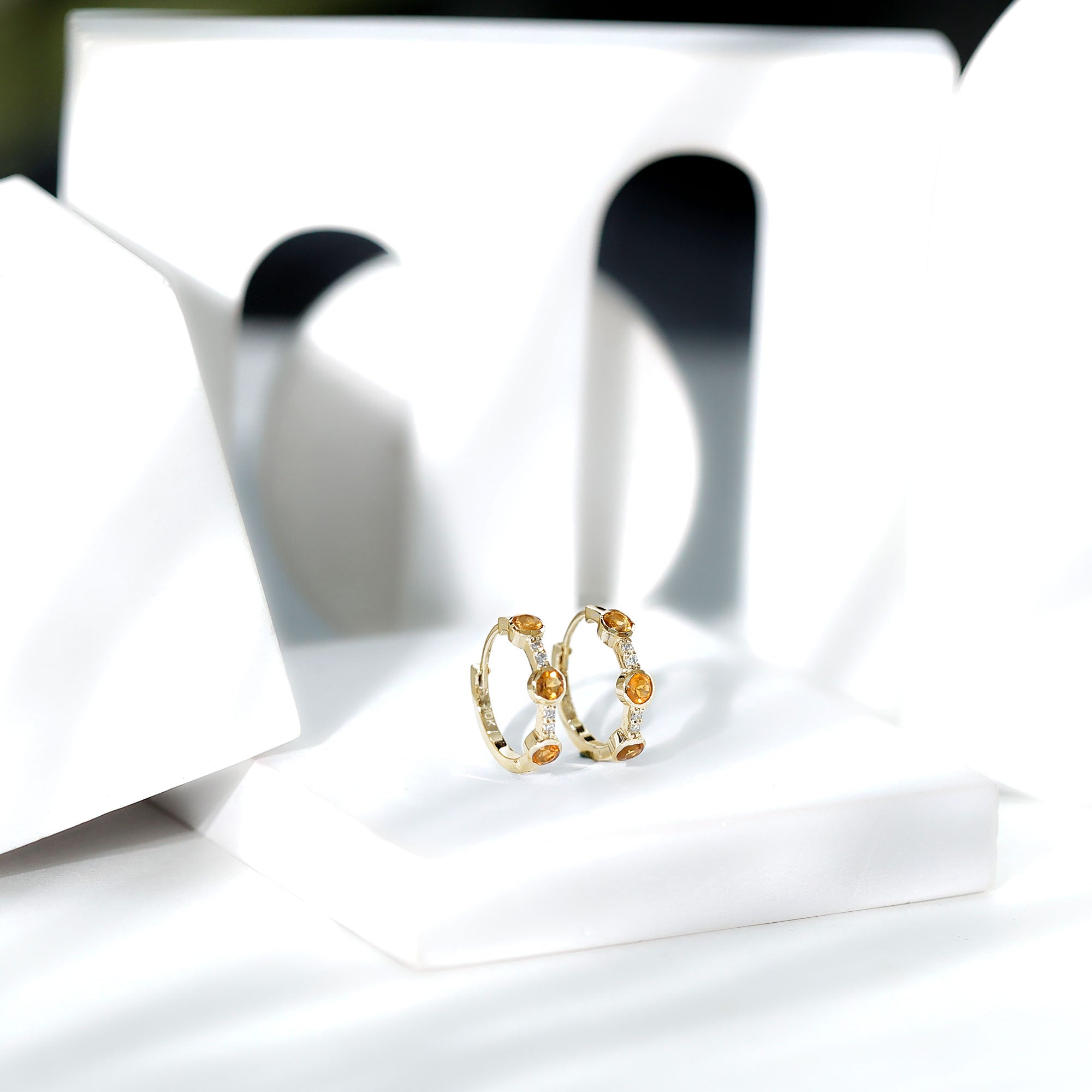 Bezel Set Citrine Hinged Hoop Earrings with Diamond