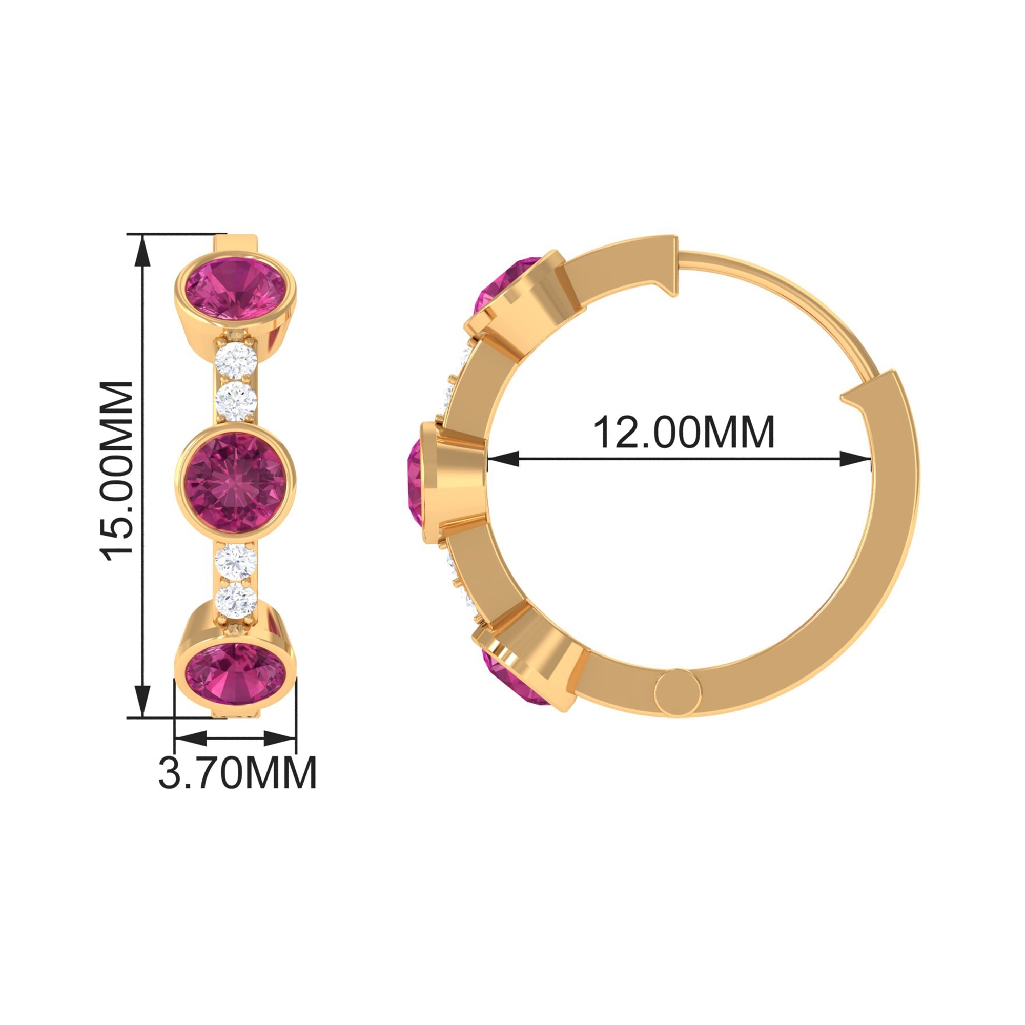 Bezel Set Pink Tourmaline Hinged Hoop Earrings with Diamond