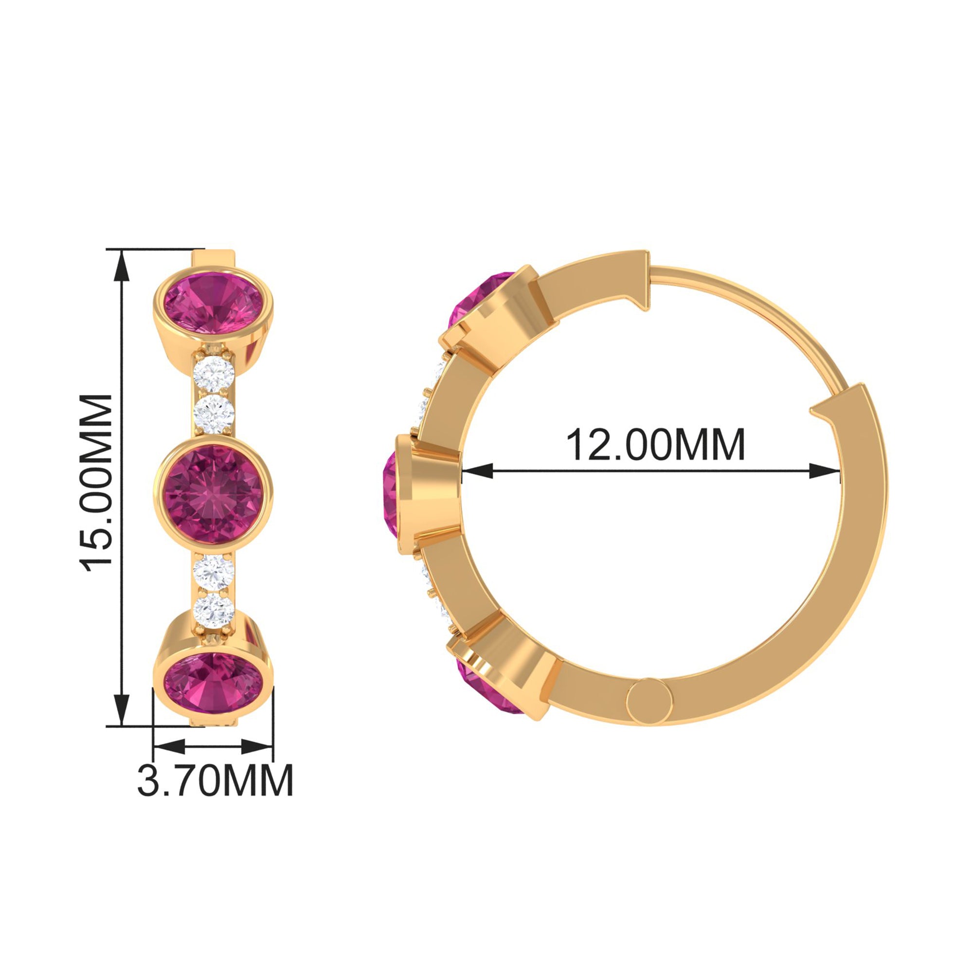 Bezel Set Pink Tourmaline Hinged Hoop Earrings with Diamond