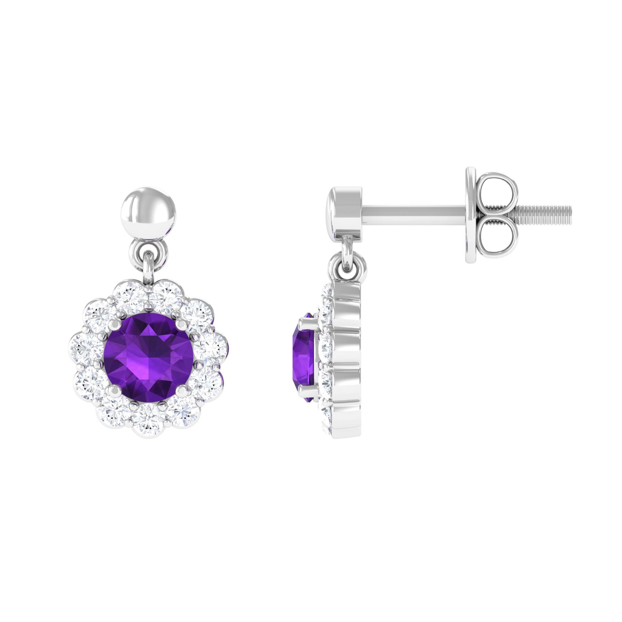 0.9 Carat Real Amethyst and Diamond Flower Halo Drop Earrings