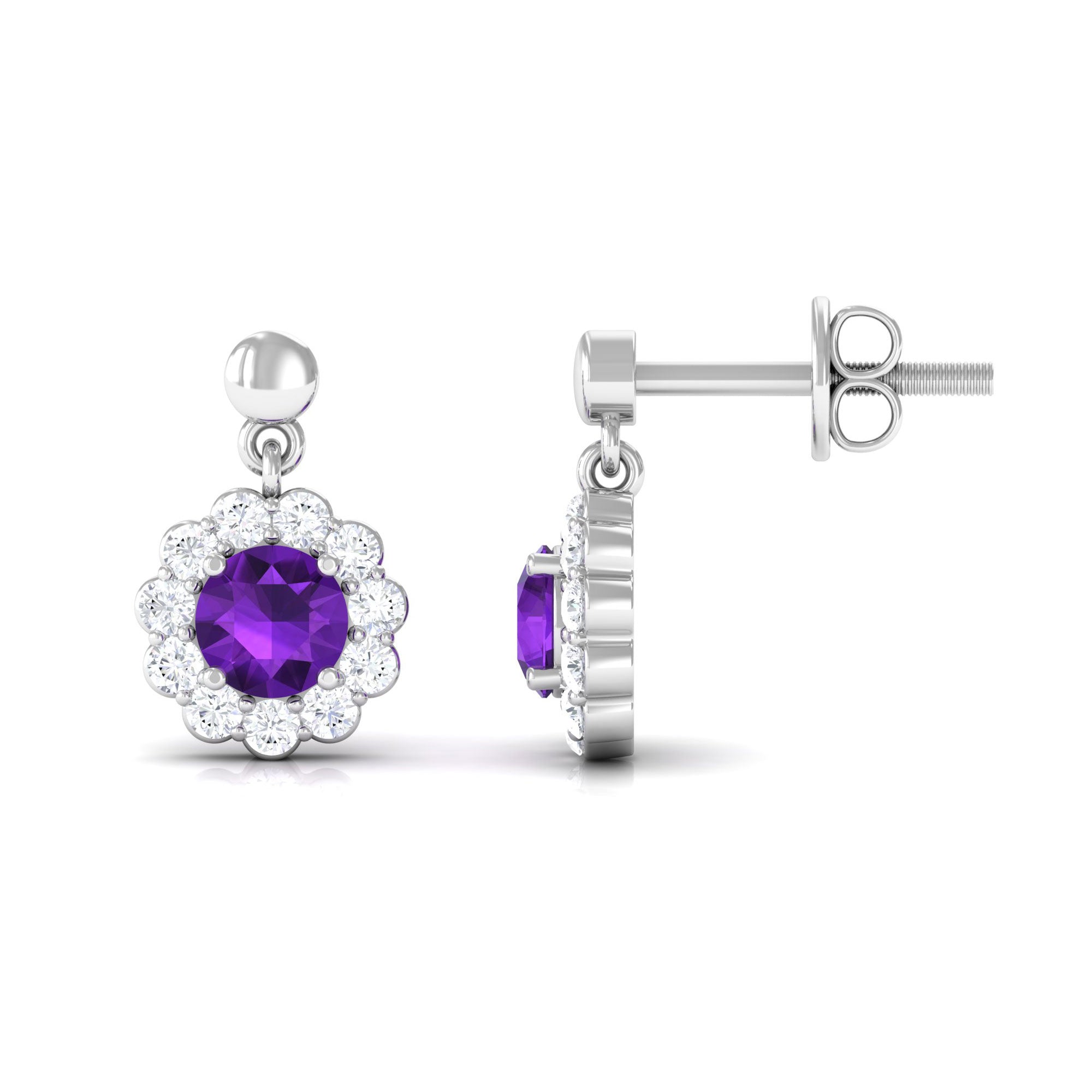 0.9 Carat Real Amethyst and Diamond Flower Halo Drop Earrings