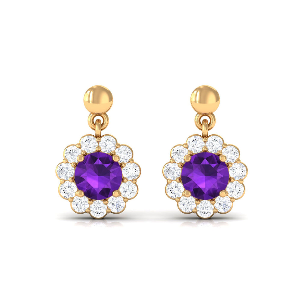 0.9 Carat Real Amethyst and Diamond Flower Halo Drop Earrings
