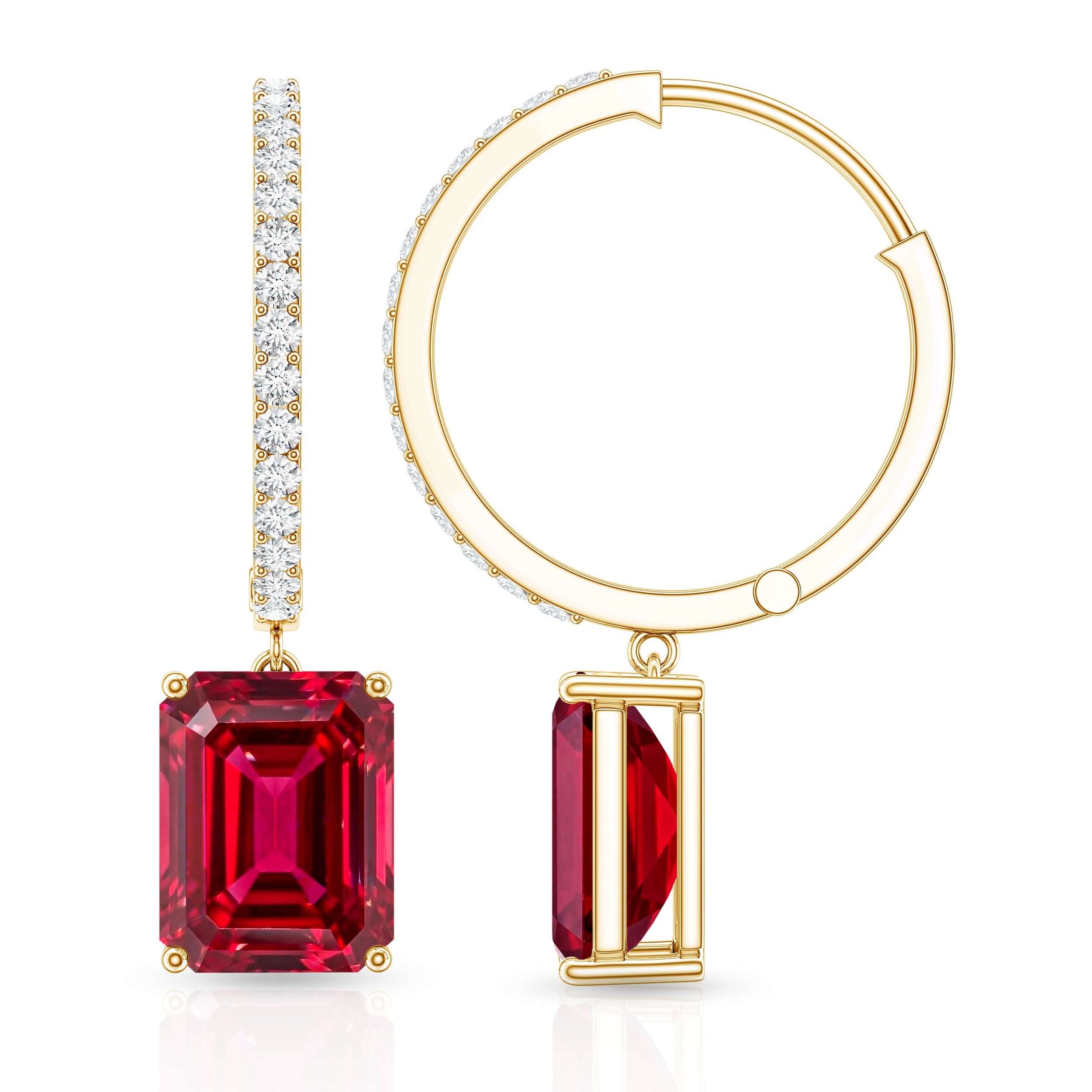 Emerald Cut Lab Created Ruby and Diamond Hoop Drop Earrings