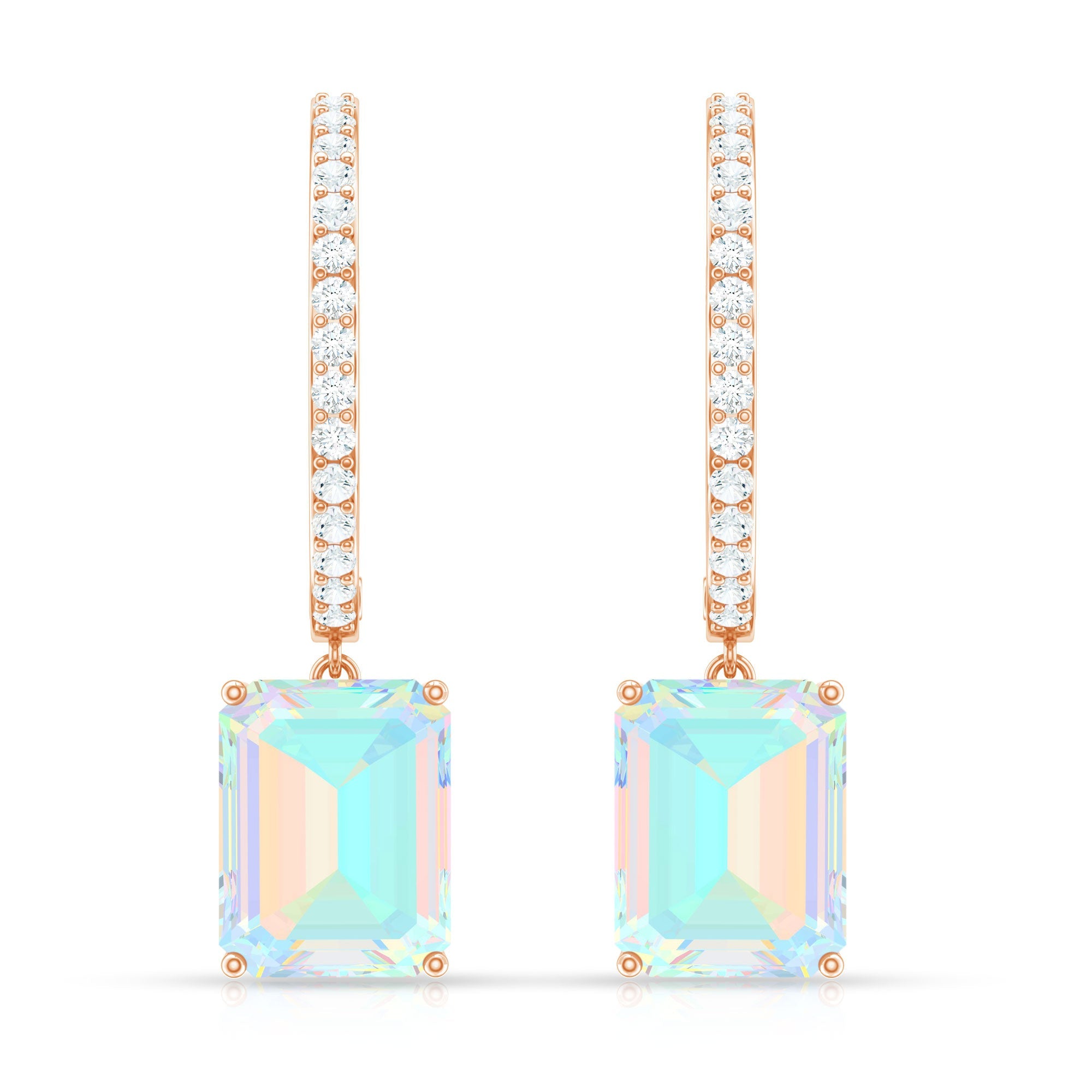 Genuine Emerald Cut Ethiopian Opal Drop Hoop Earrings