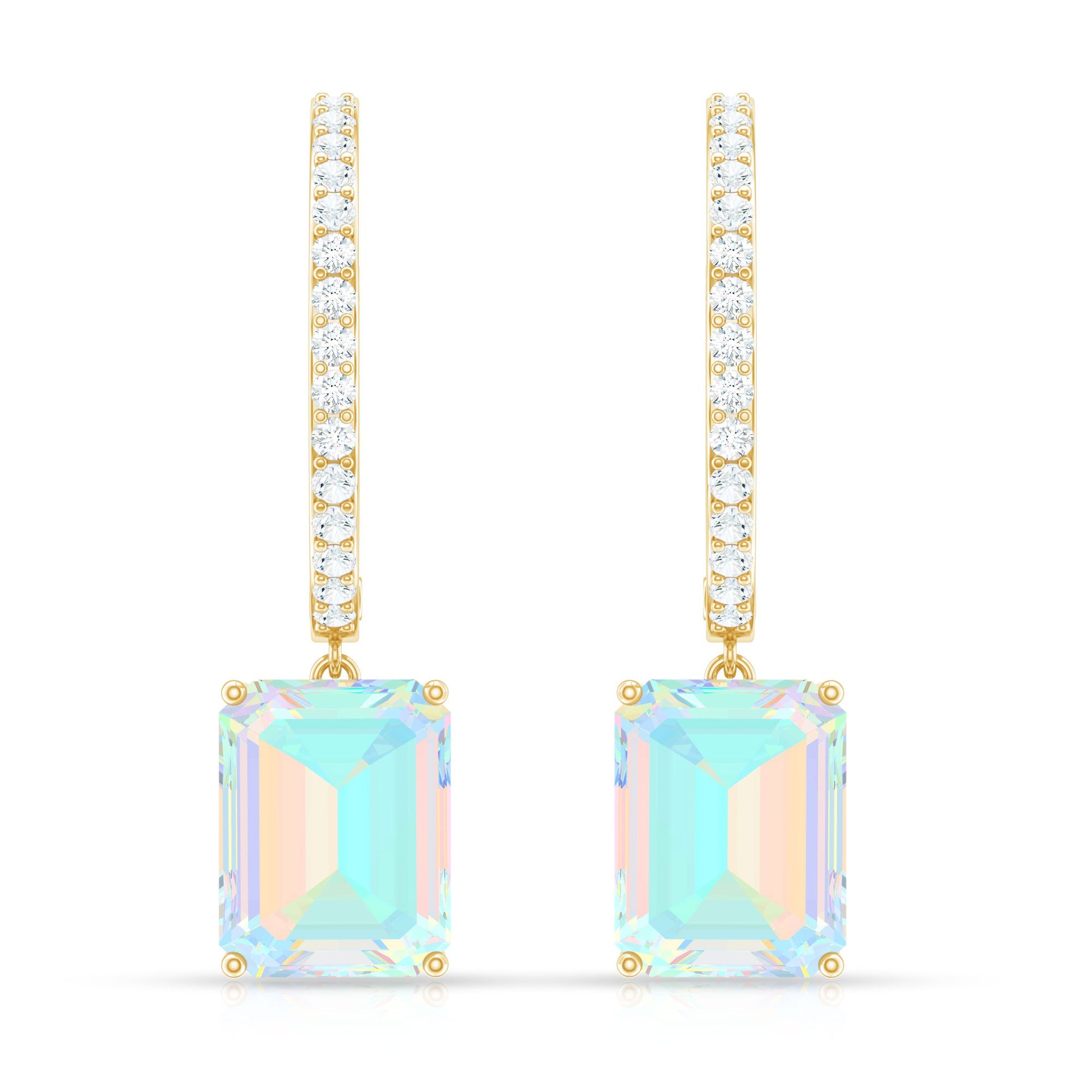 Genuine Emerald Cut Ethiopian Opal Drop Hoop Earrings