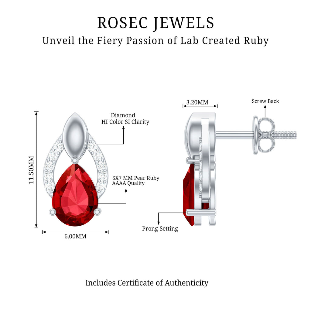 Pear Shaped Lab Created Ruby and Diamond Teardrop Stud Earrings