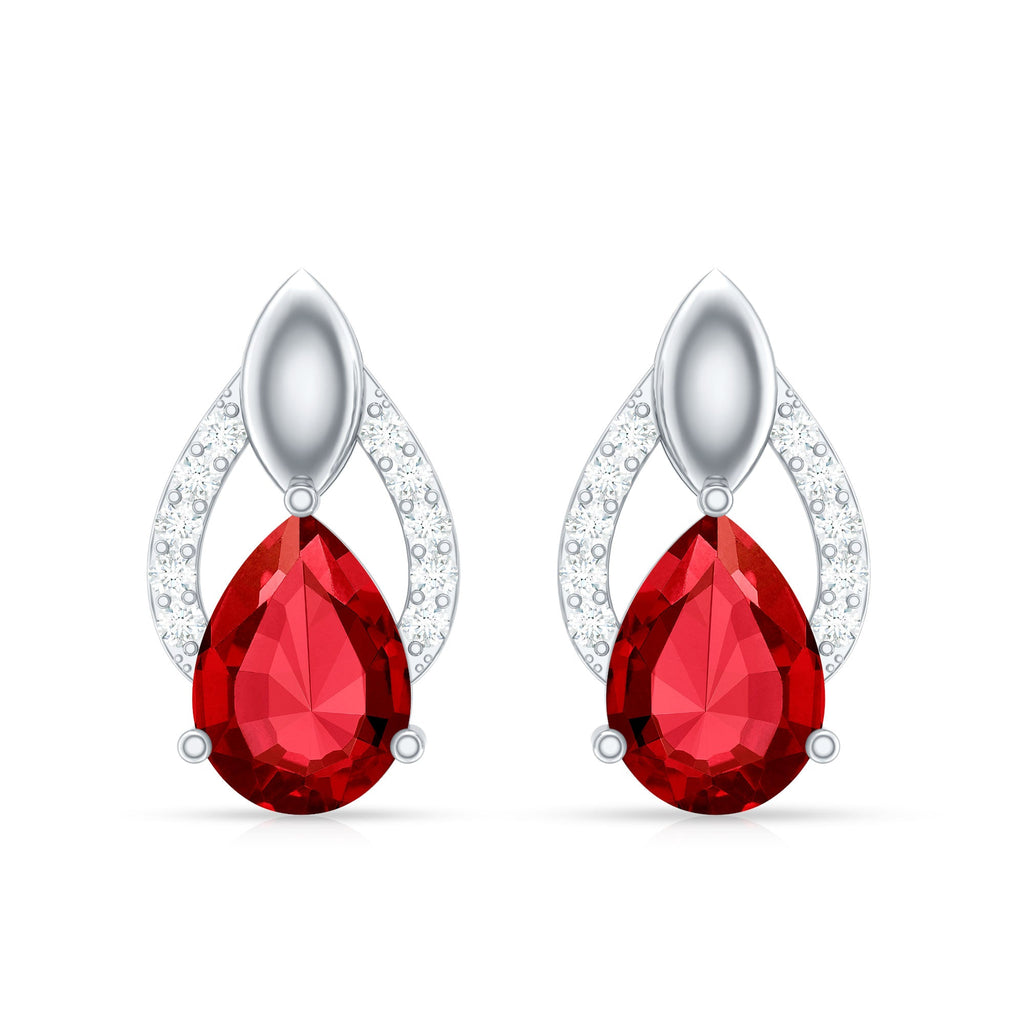 Pear Shaped Lab Created Ruby and Diamond Teardrop Stud Earrings