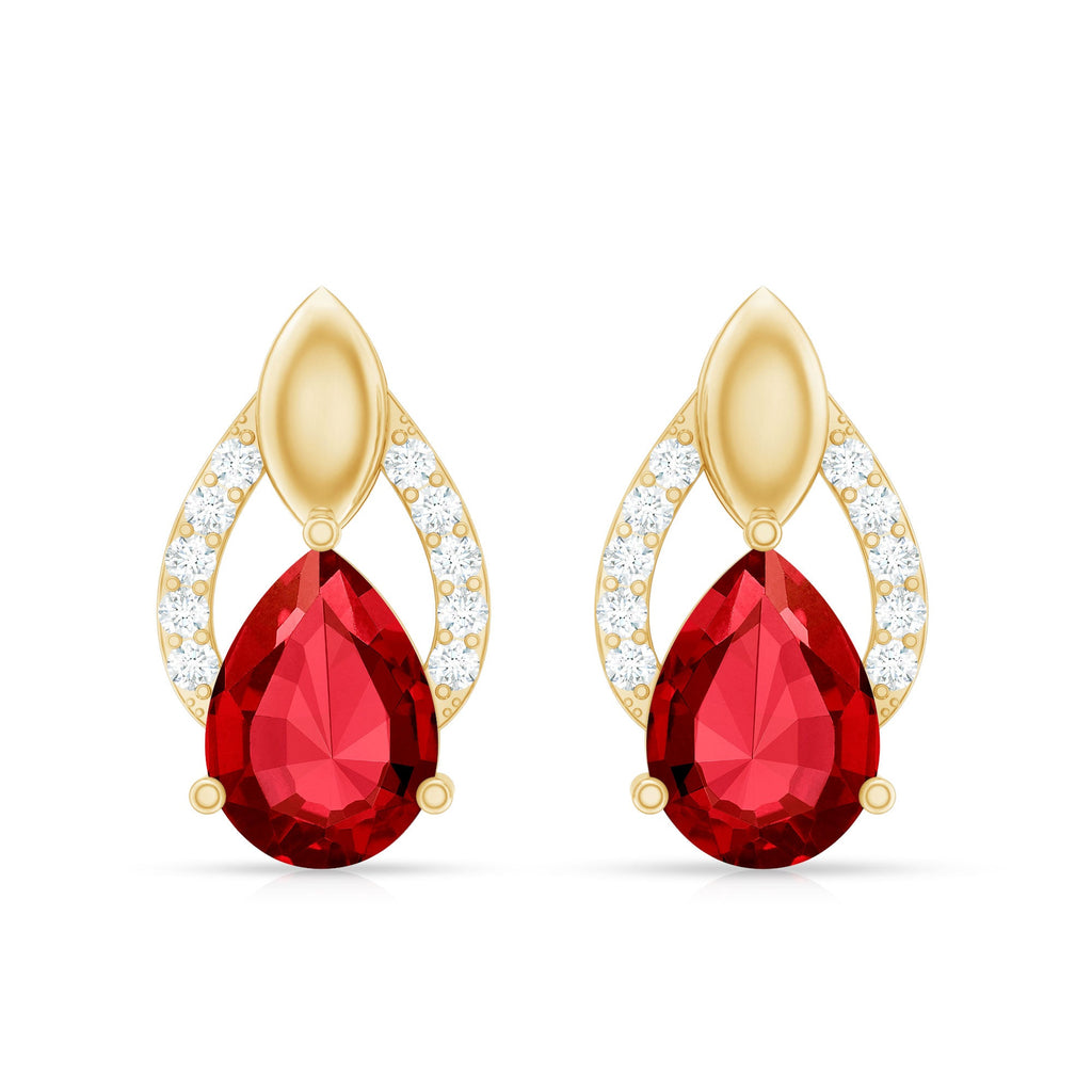 Pear Shaped Lab Created Ruby and Diamond Teardrop Stud Earrings