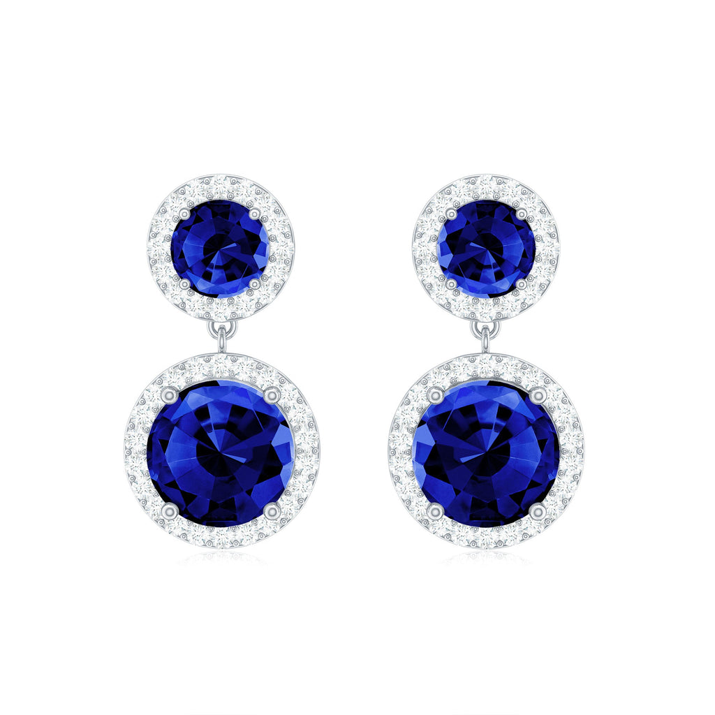 Lab Created Blue Sapphire Wedding Dangle Earrings with Moissanite Halo