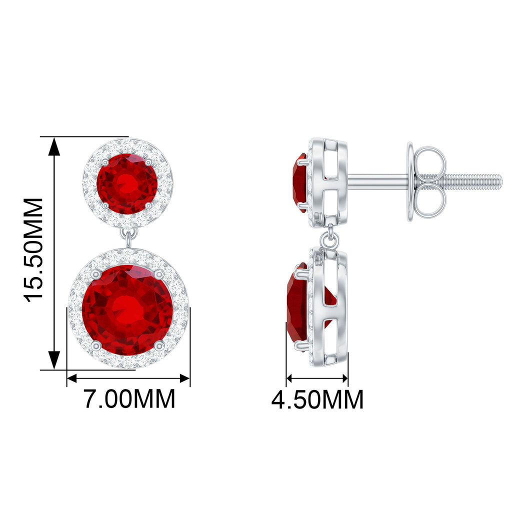 Certified Created Ruby and Diamond Halo Dangle Earrings
