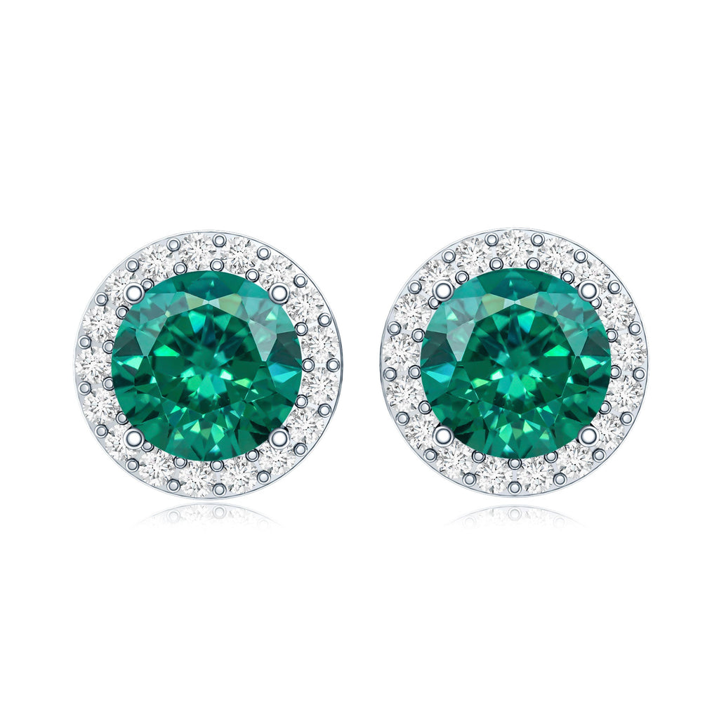 Created Emerald and Diamond Classic Halo Stud Earrings