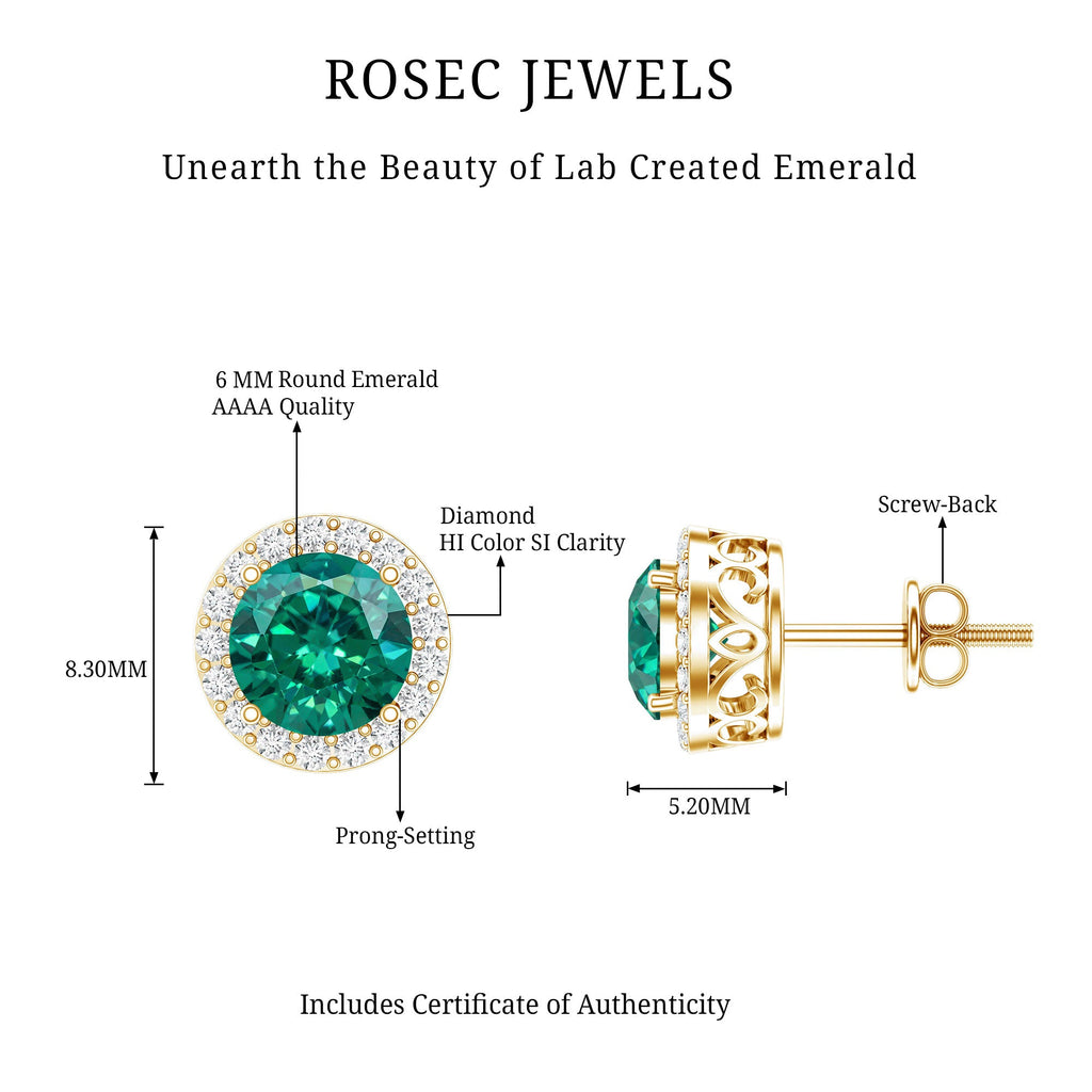 Created Emerald and Diamond Classic Halo Stud Earrings