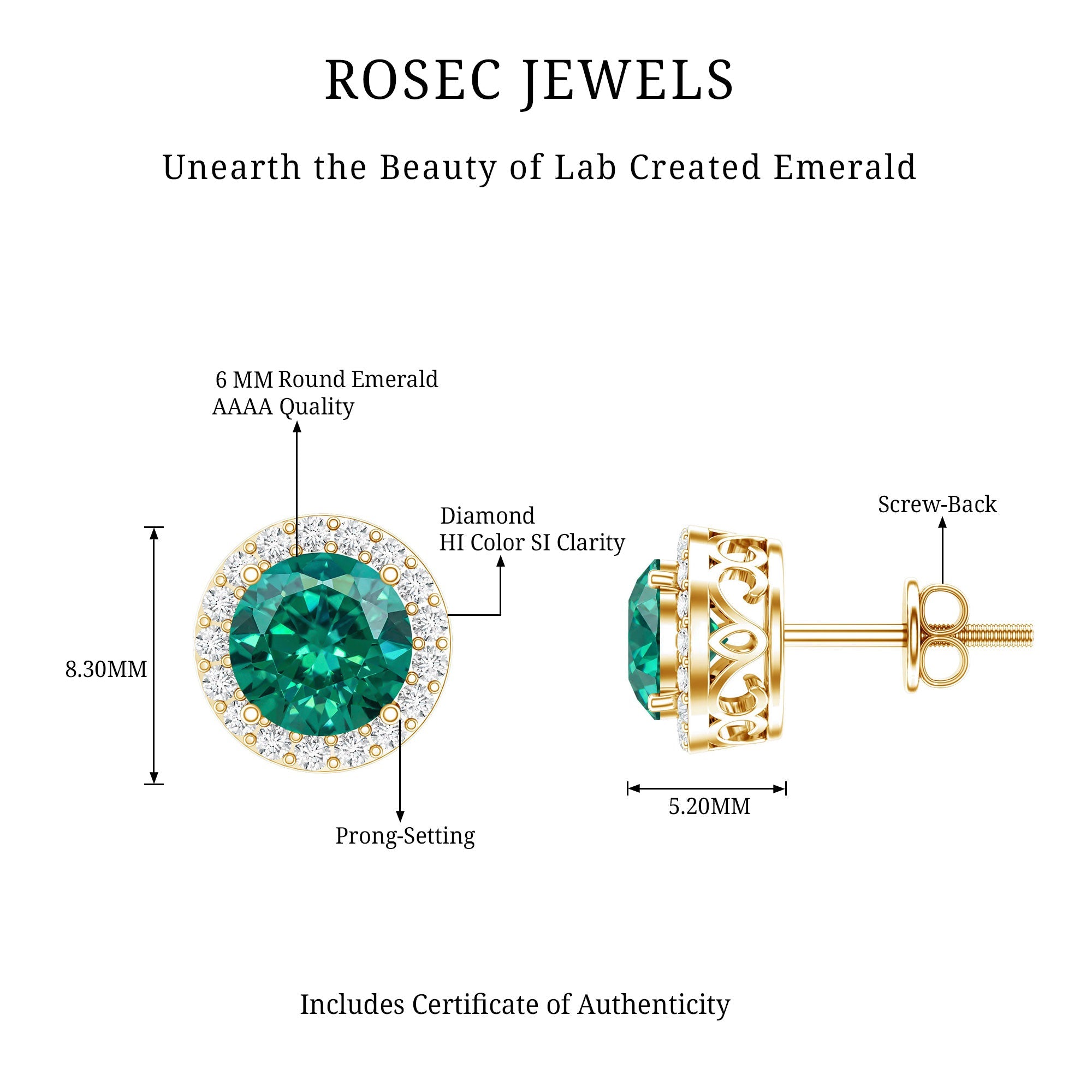 Created Emerald and Diamond Classic Halo Stud Earrings