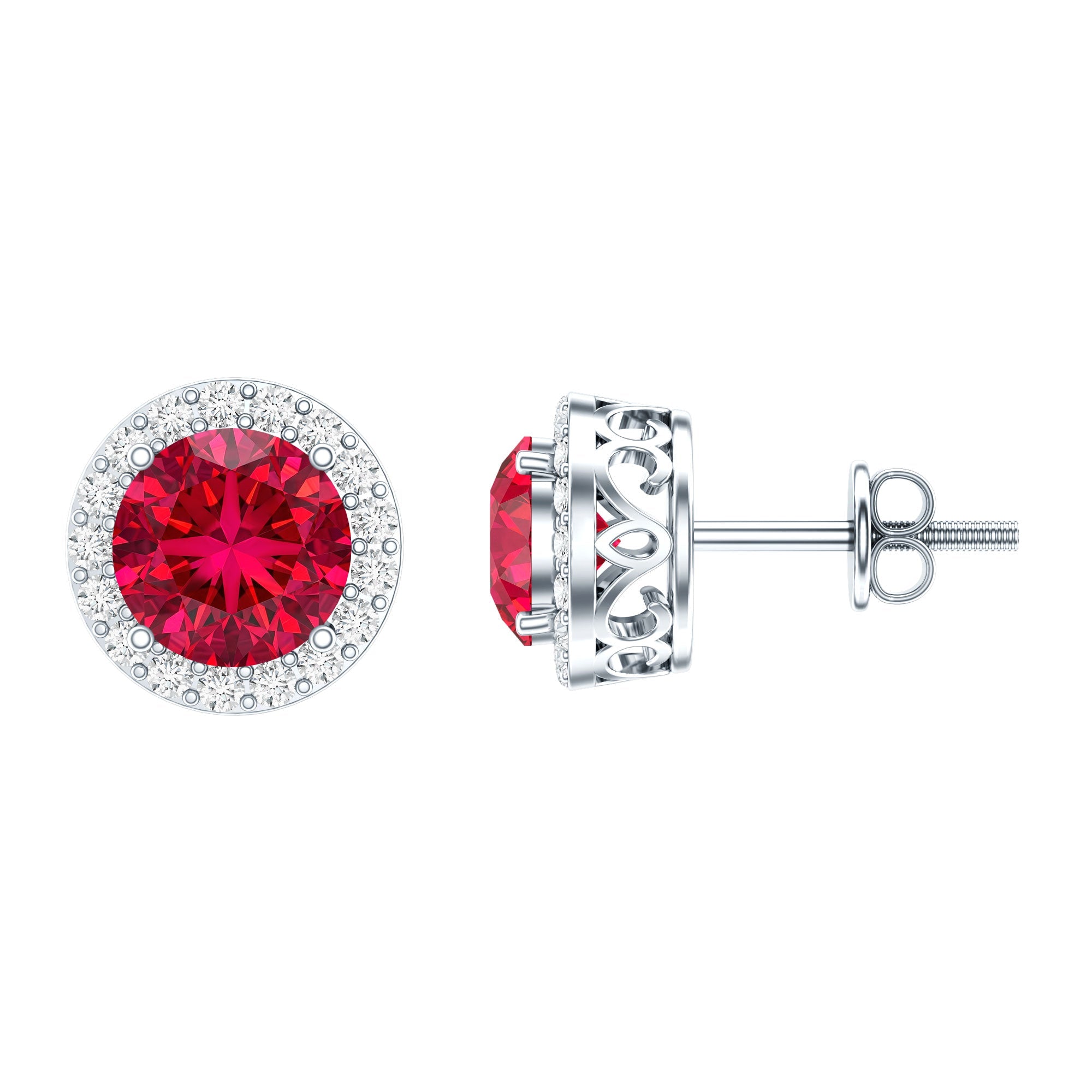 Created Ruby and Diamond Classic Halo Stud Earrings