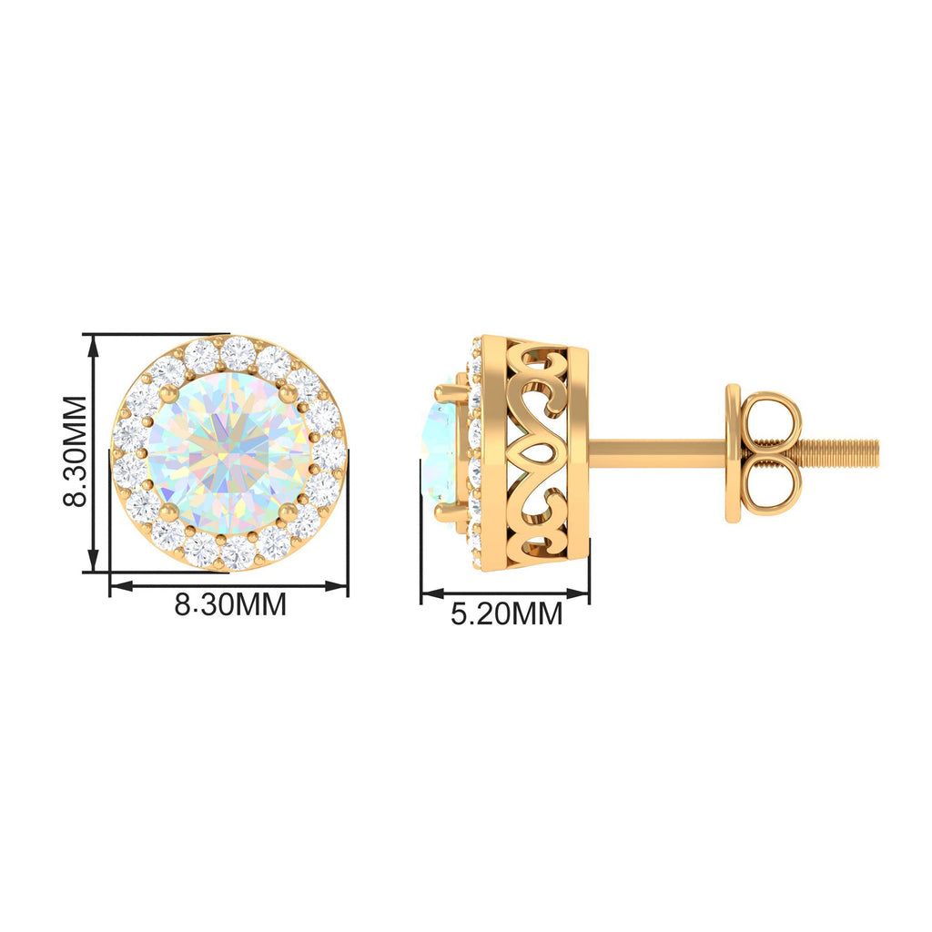 1.6 Carat Round Ethiopian Opal Stud Earrings with Diamond Halo in Prong Setting