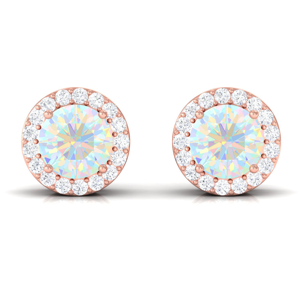 1.6 Carat Round Ethiopian Opal Stud Earrings with Diamond Halo in Prong Setting