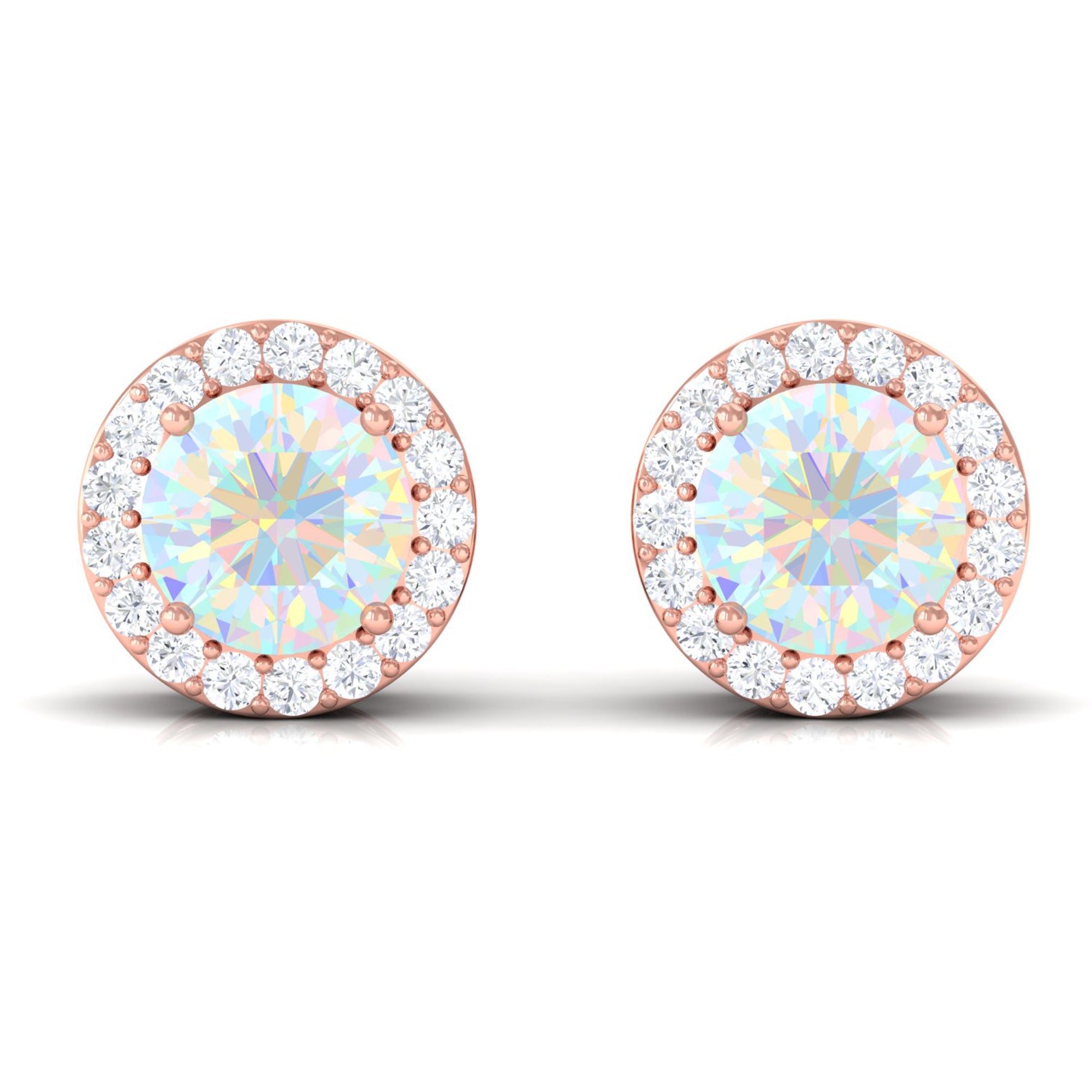 1.6 Carat Round Ethiopian Opal Stud Earrings with Diamond Halo in Prong Setting
