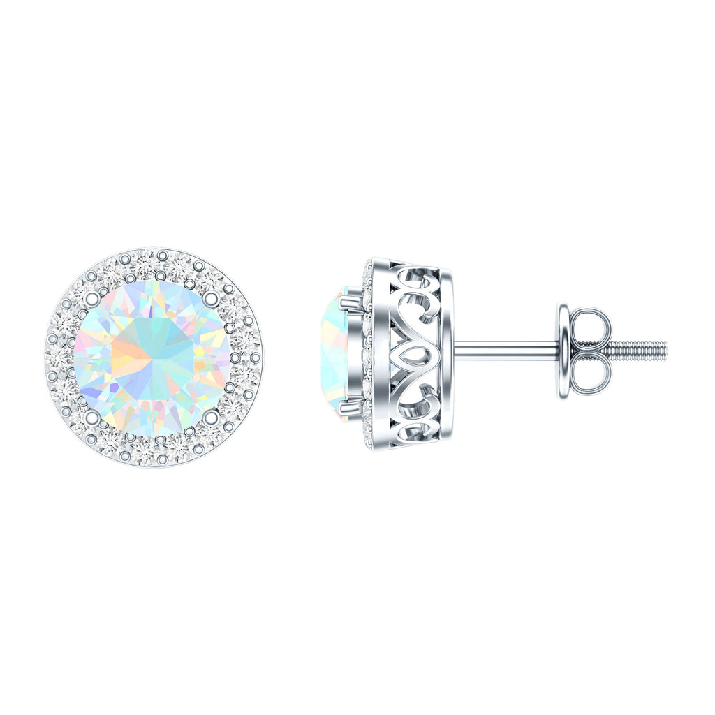 1.6 Carat Round Ethiopian Opal Stud Earrings with Diamond Halo in Prong Setting