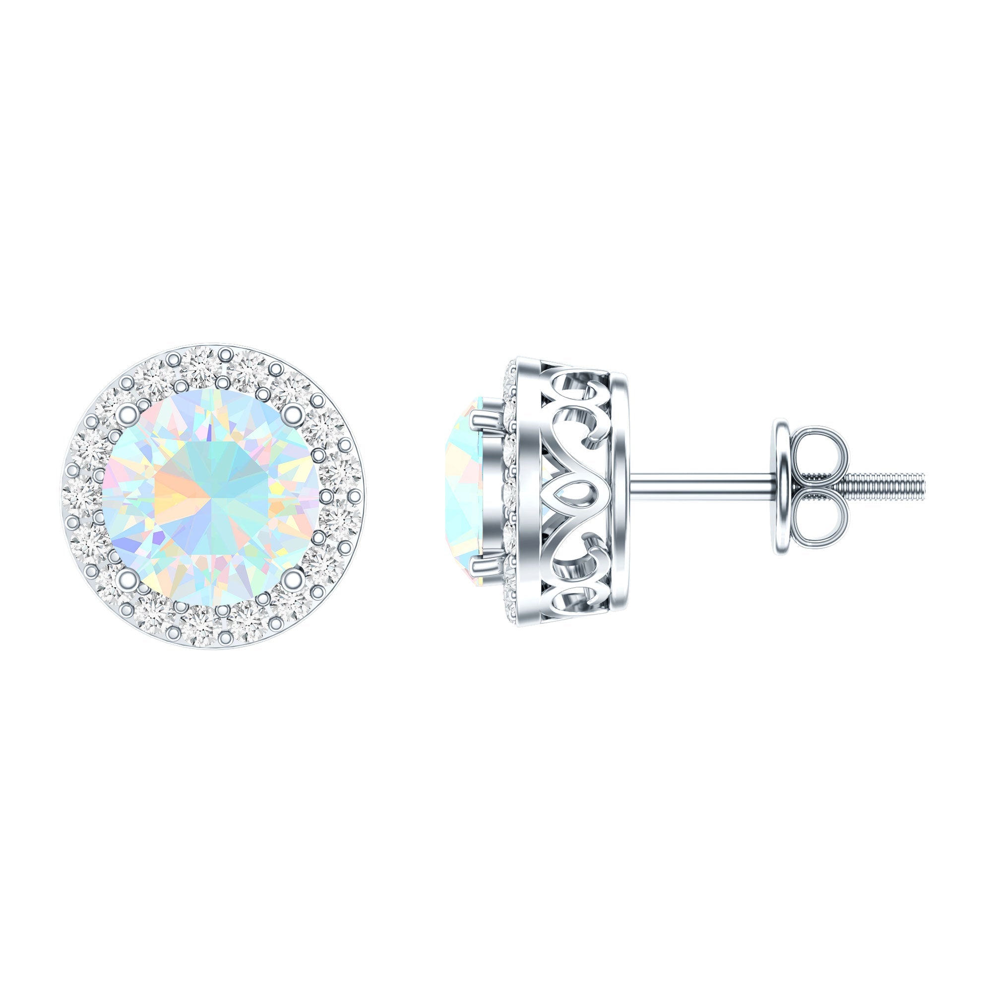 1.6 Carat Round Ethiopian Opal Stud Earrings with Diamond Halo in Prong Setting
