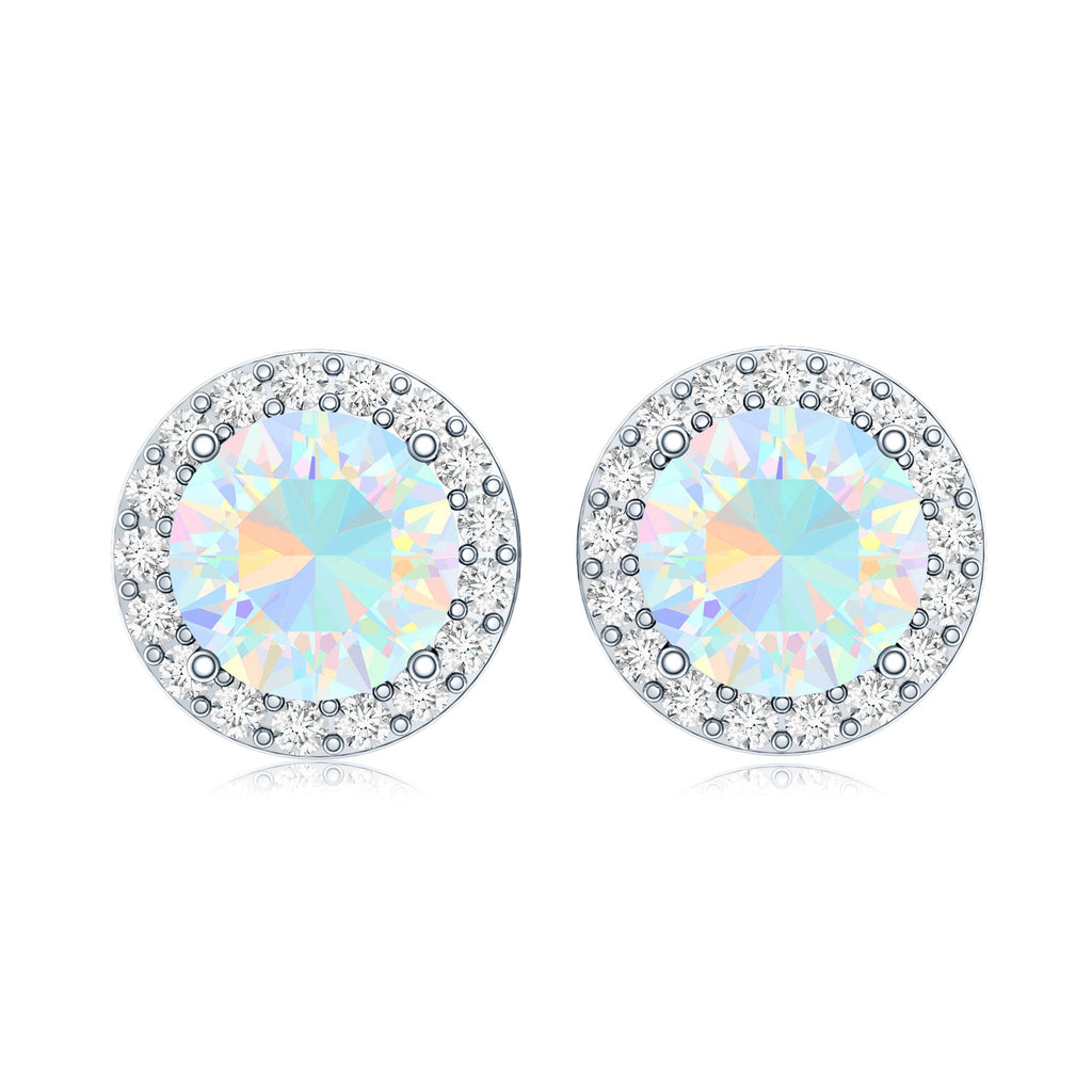 1.6 Carat Round Ethiopian Opal Stud Earrings with Diamond Halo in Prong Setting