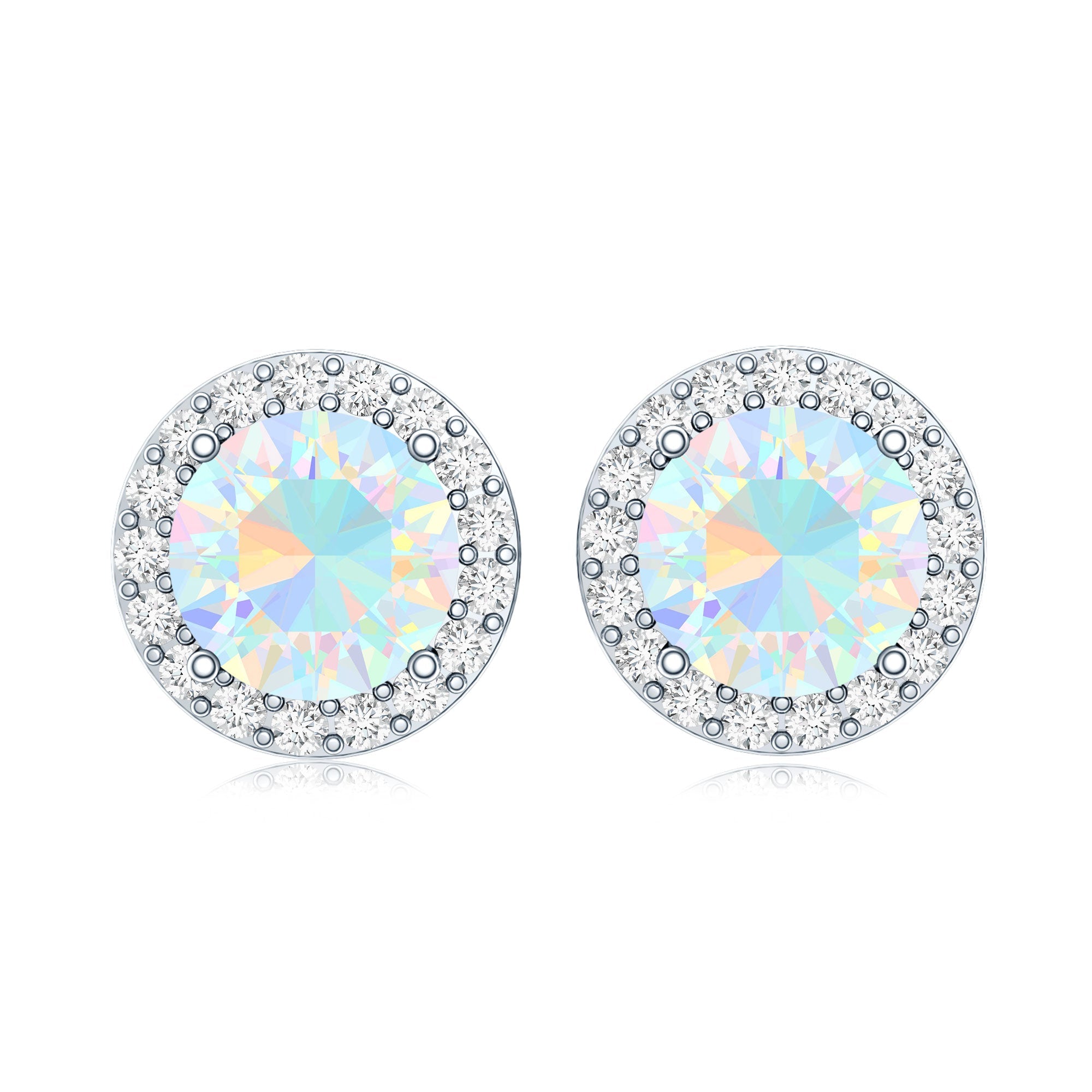 1.6 Carat Round Ethiopian Opal Stud Earrings with Diamond Halo in Prong Setting