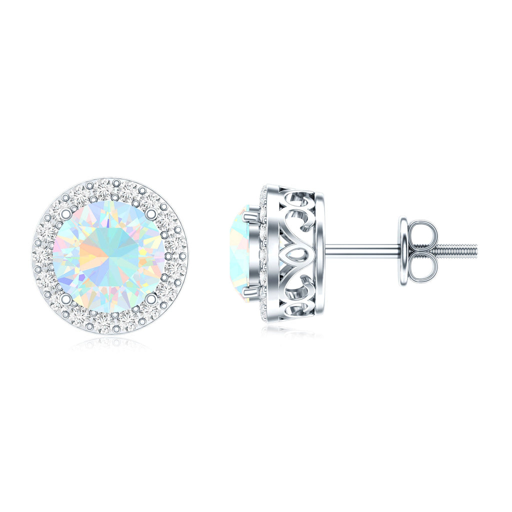 1.6 Carat Round Ethiopian Opal Stud Earrings with Diamond Halo in Prong Setting