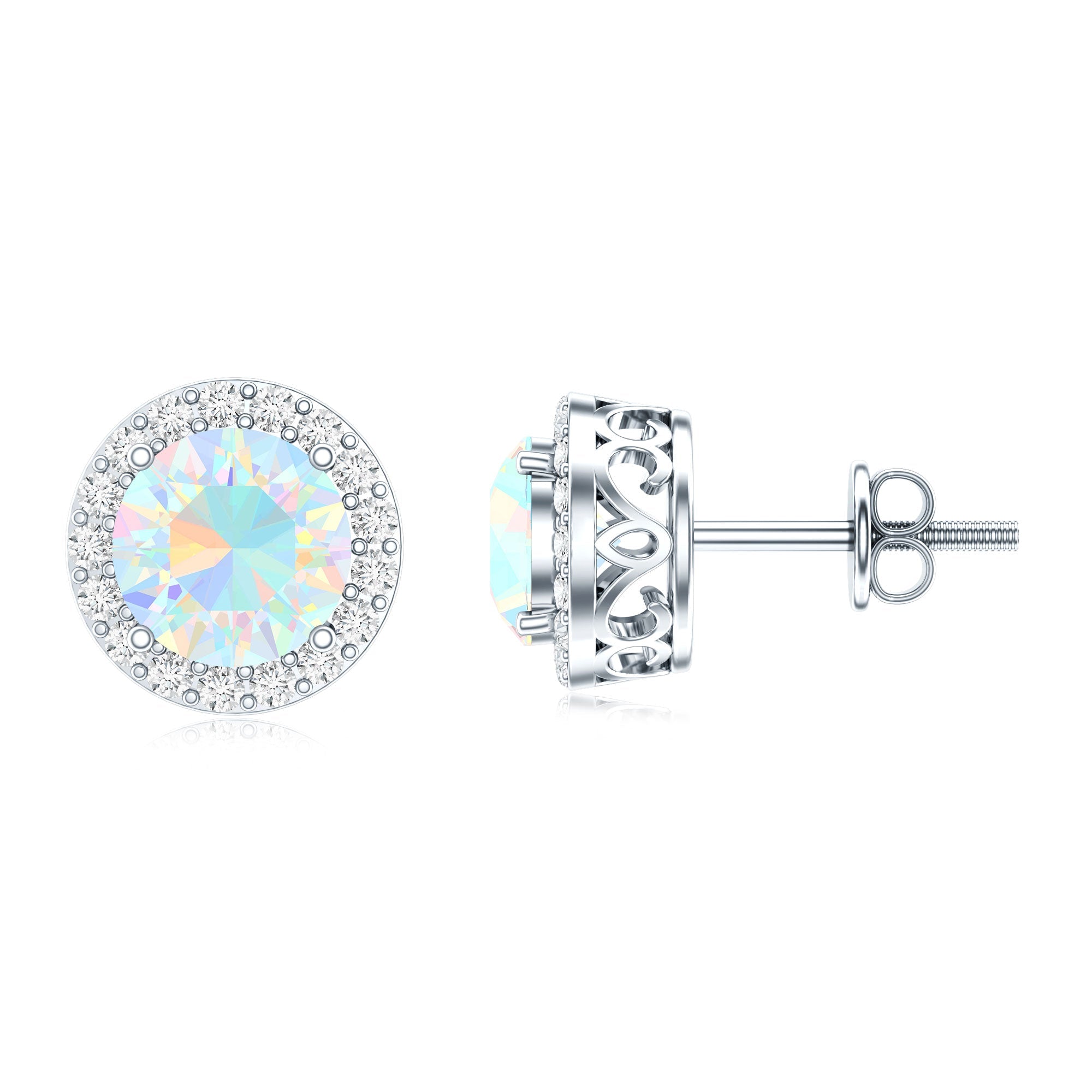 1.6 Carat Round Ethiopian Opal Stud Earrings with Diamond Halo in Prong Setting