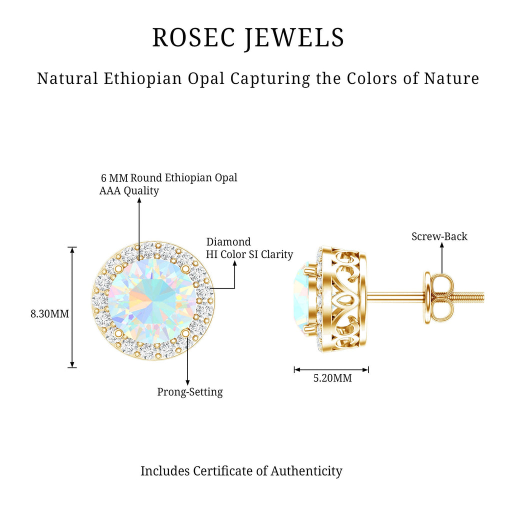 1.6 Carat Round Ethiopian Opal Stud Earrings with Diamond Halo in Prong Setting
