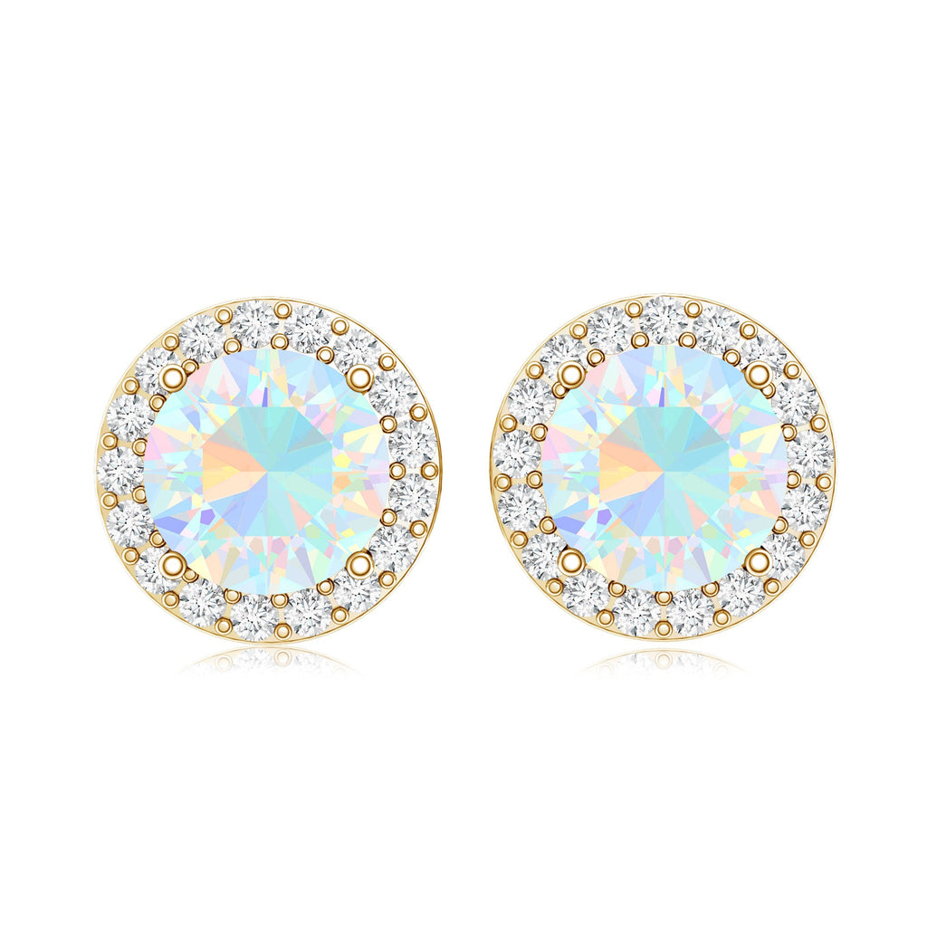 1.6 Carat Round Ethiopian Opal Stud Earrings with Diamond Halo in Prong Setting